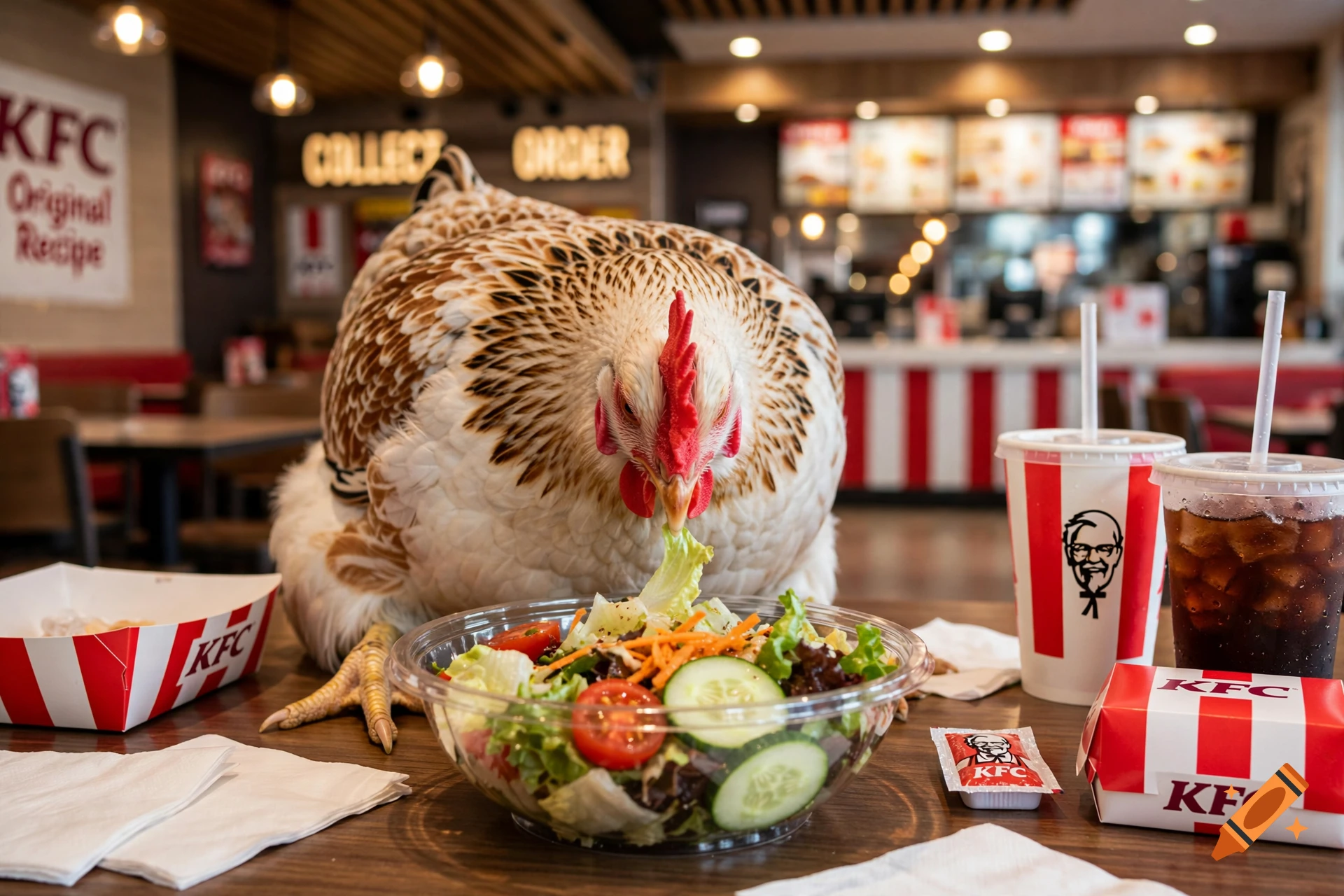 Photorealistic image of a chicken eating a salad in a KFC restaurant, with branded packaging on the table.