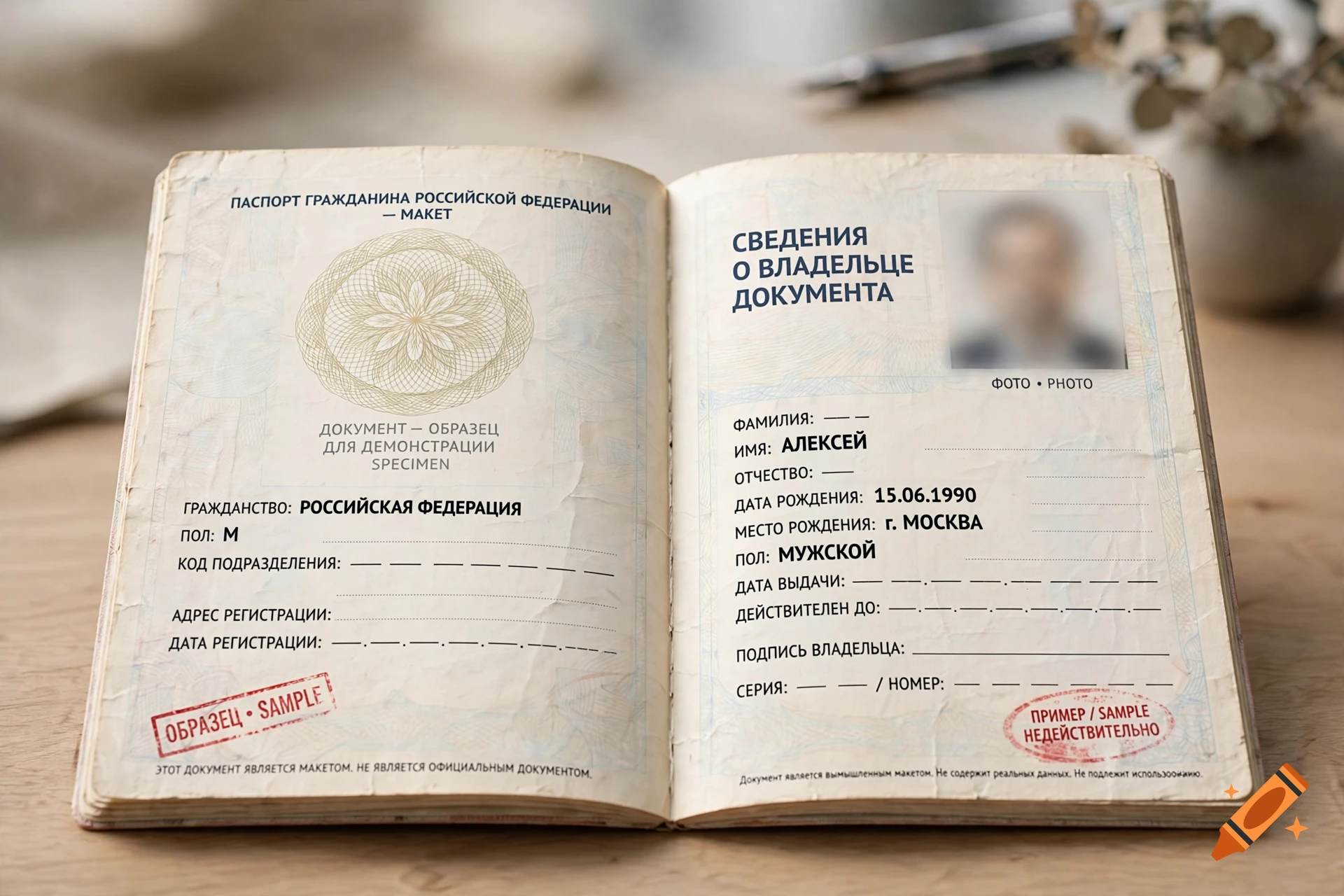 An open Russian passport resting on a wooden surface with Russian text and stamps.
