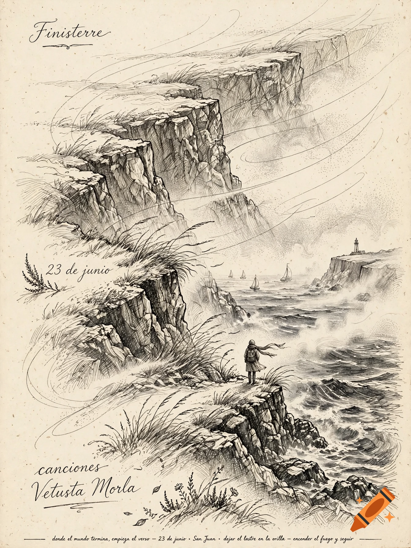 Detailed ink drawing of a person standing on a windy cliff overlooking a stormy sea with sailboats and a distant lighthouse, with Spanish text.