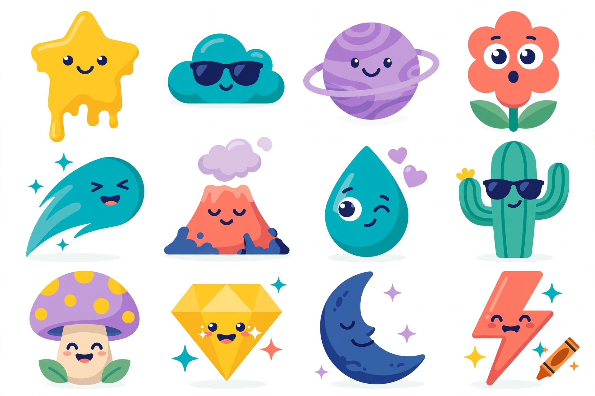 A set of cute vector illustrations depicting various cartoon elements with friendly smiling faces, including a star, a cloud with sunglasses, a planet, a flower, a shooting star, a volcano, a water droplet, a cactus with sunglasses, a mushroom, a diamond, a crescent moon, and a lightning bolt.