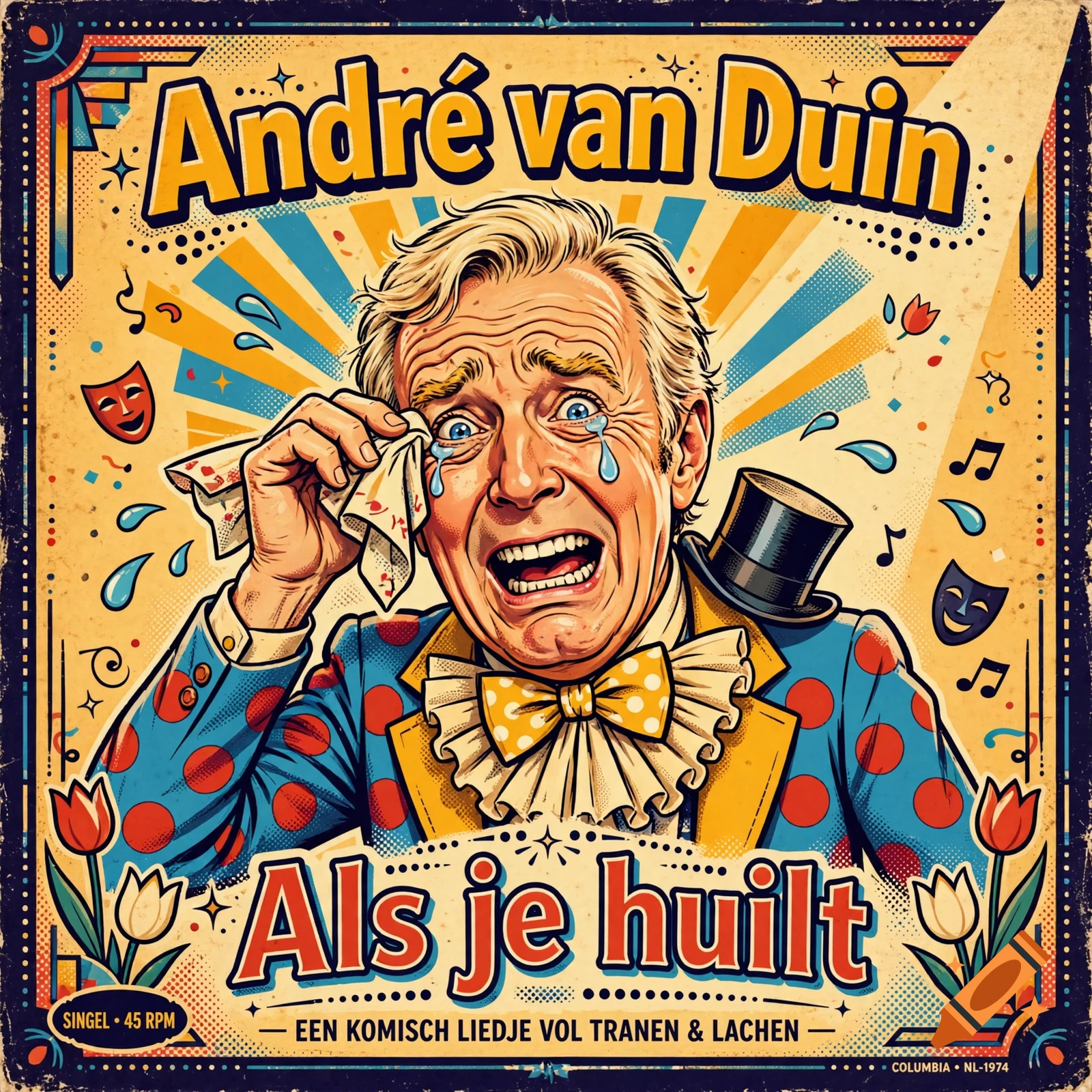 Vintage comic style album cover featuring a crying man wiping a tear with a handkerchief, surrounded by tulips and comedy masks.