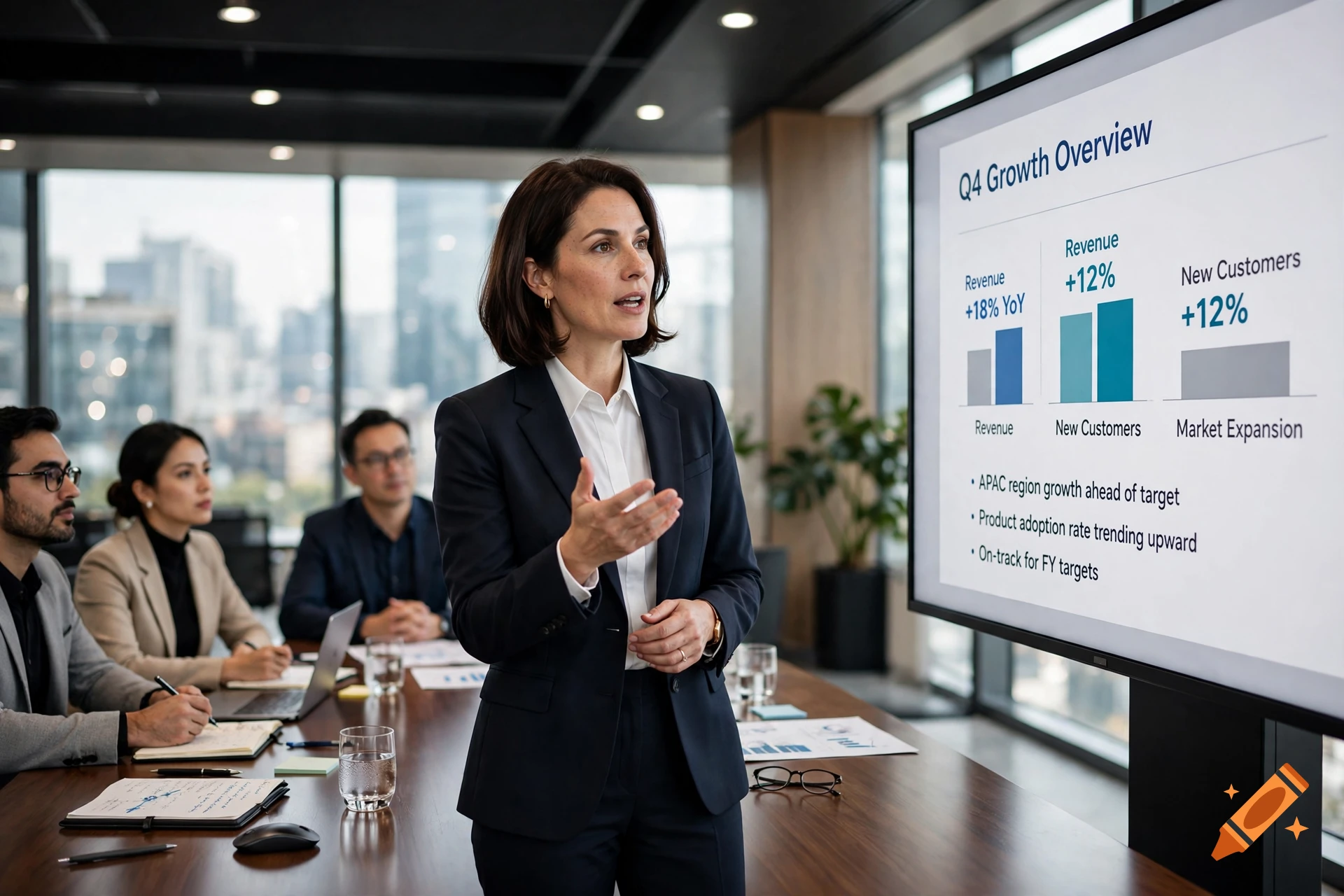 A female CEO presenting growth overview charts to her team in a modern corporate boardroom.