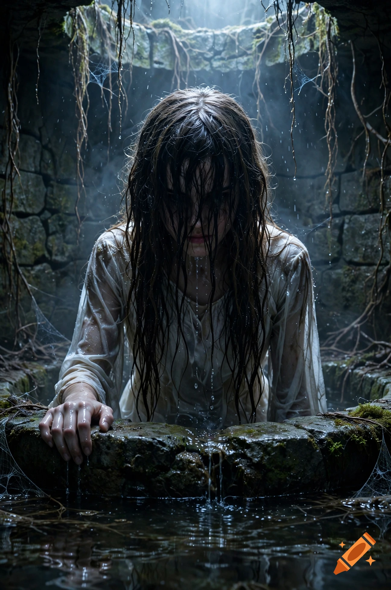 Photorealistic scene of a woman with wet hair emerging from a stone well in a dark, damp underground setting.