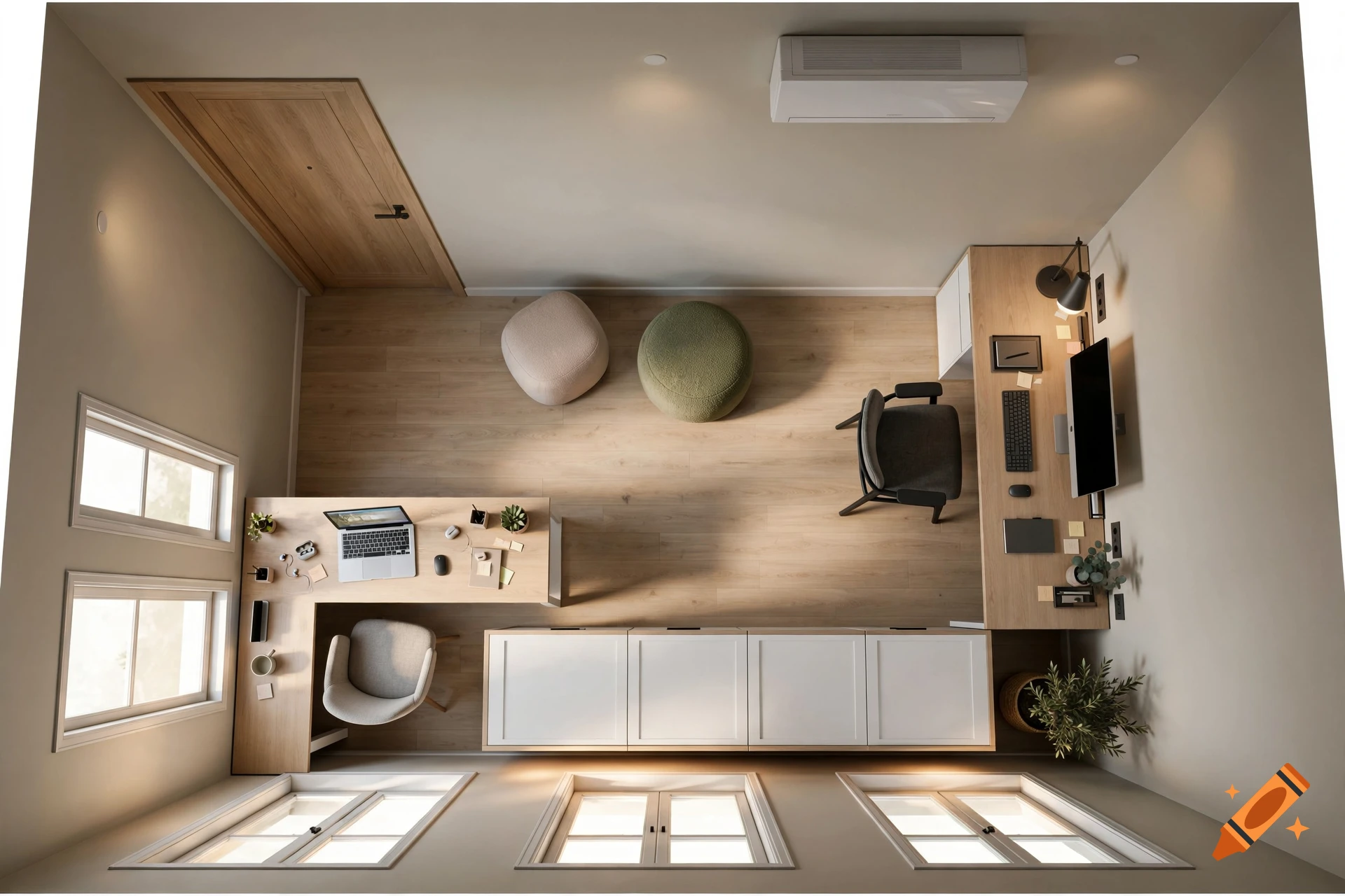 Top-down architectural view of a modern shared home office with two workstations, wooden floors, and a cabinet.