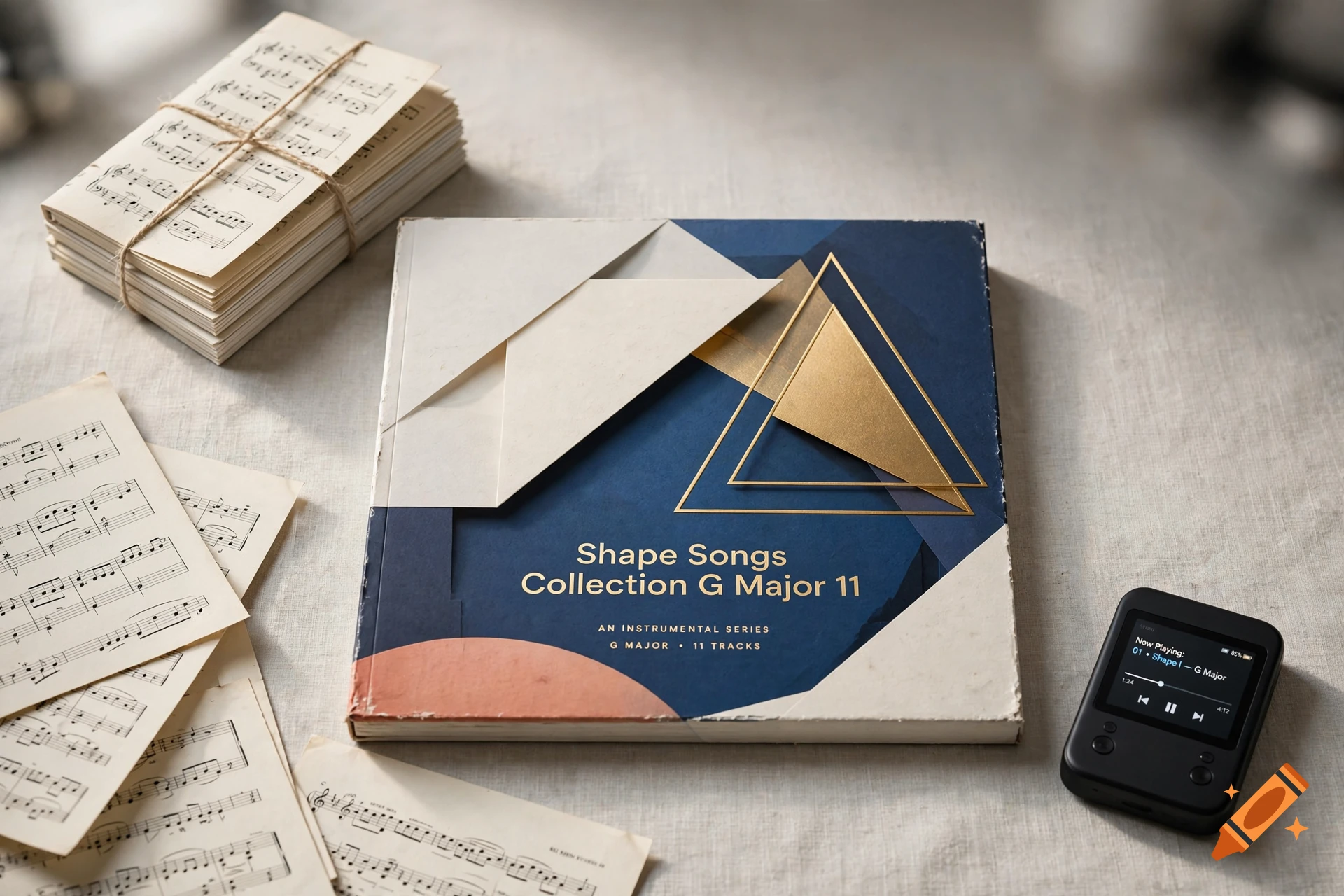 Overhead view of a music album box labeled Shape Songs Collection G Major 11 on a table with sheet music and a portable music player.