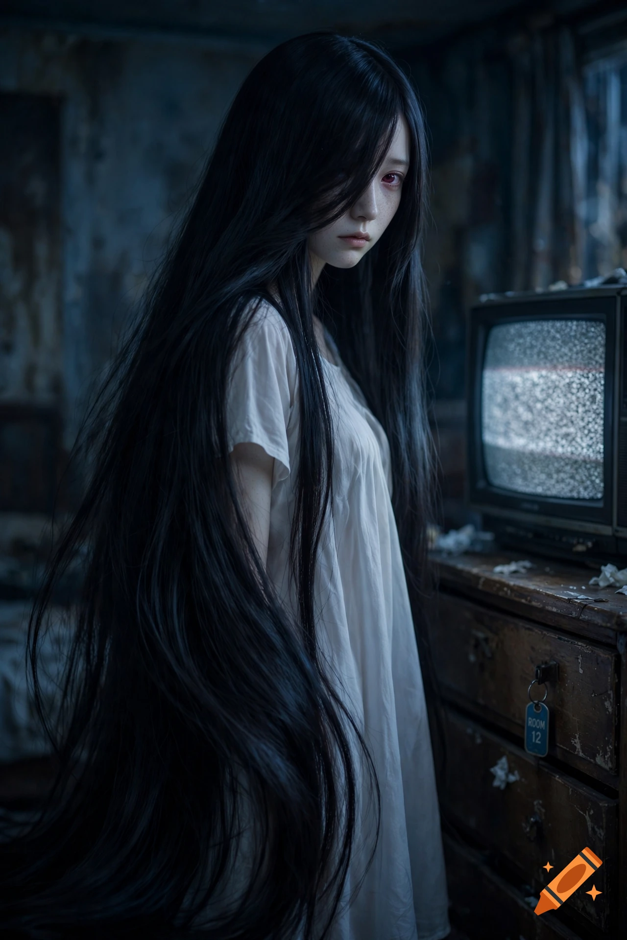 A photorealistic J-horror ghost woman with long black hair and a white nightgown standing in a dark motel room near a static TV.