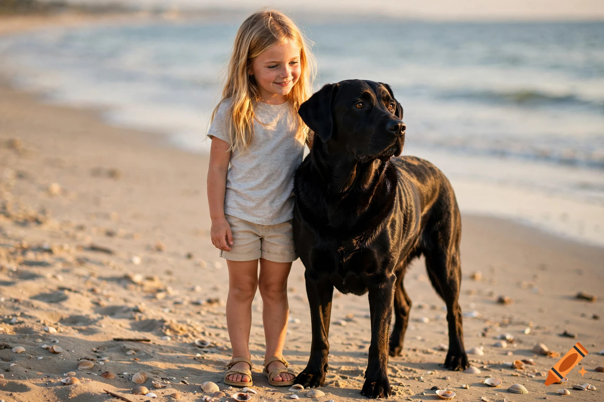 Photorealistic image of a young blonde girl standing on a sandy beach next to a large black Labrador dog, looking towards the sea.