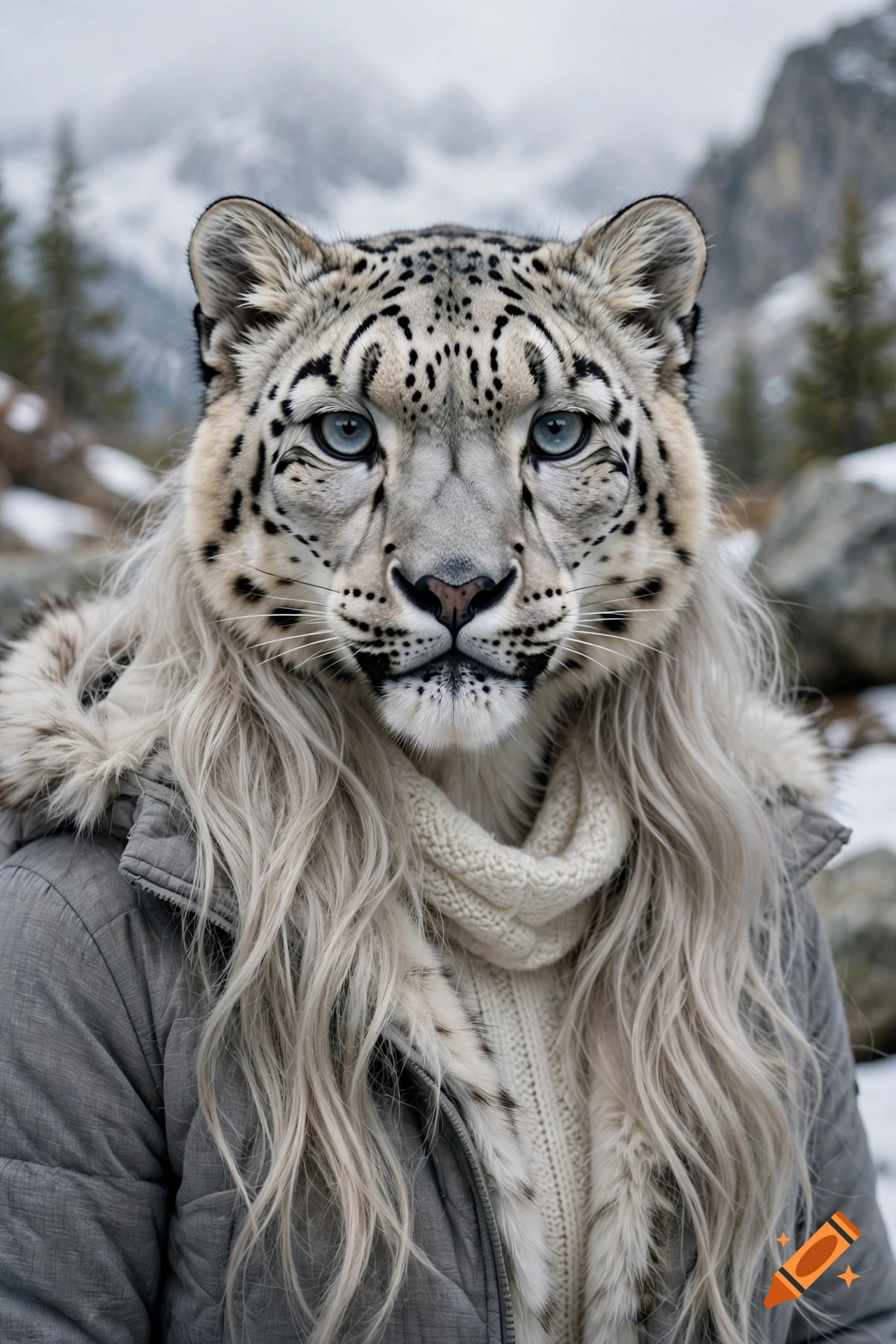 A stylized human figure with the head of a snow leopard, long blonde hair, wearing a grey winter jacket and knitted scarf against a snowy mountain background.