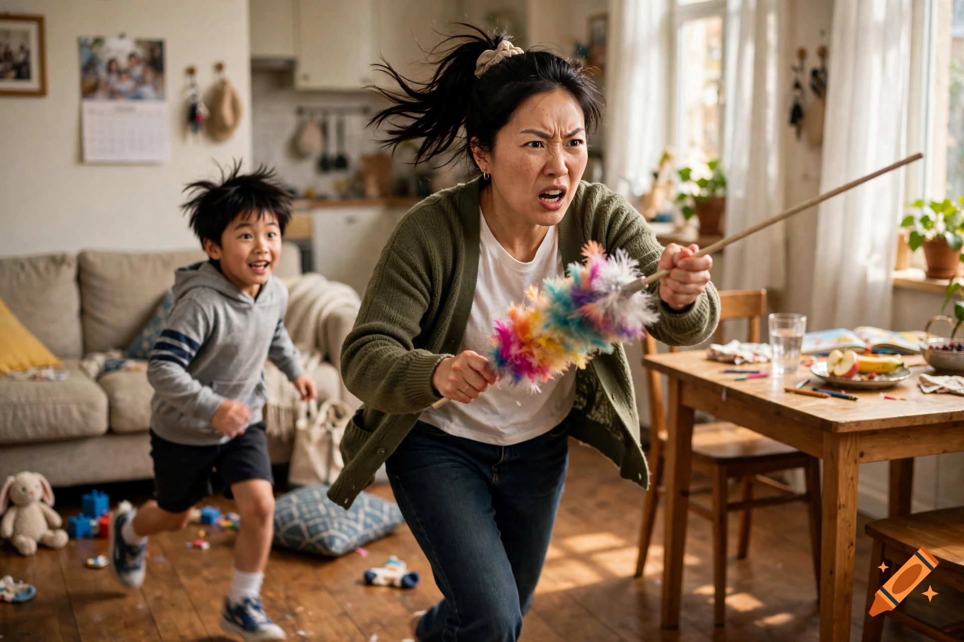 An angry Asian mother holding a feather duster by the rod, chasing her young son through a messy living room, photorealistic.