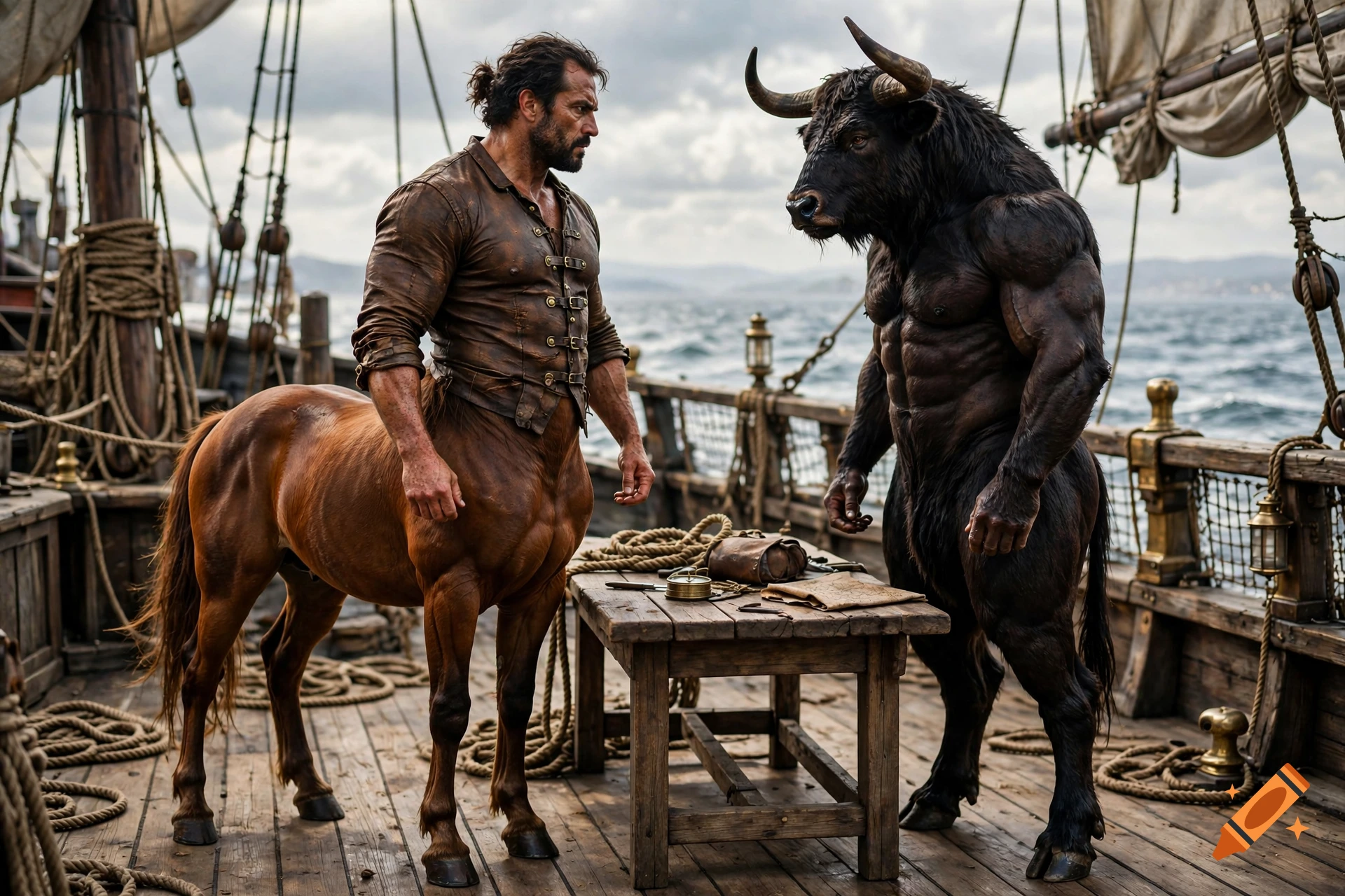 Photorealistic scene of a muscular centaur and a minotaur facing each other on the wooden deck of a sailing ship.