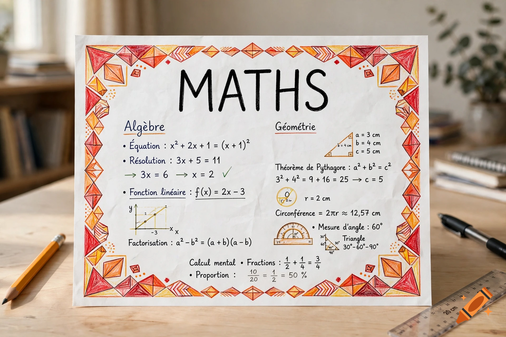 A decorative maths cover page with red and orange geometric borders, mathematical formulas, and diagrams on a wooden desk.