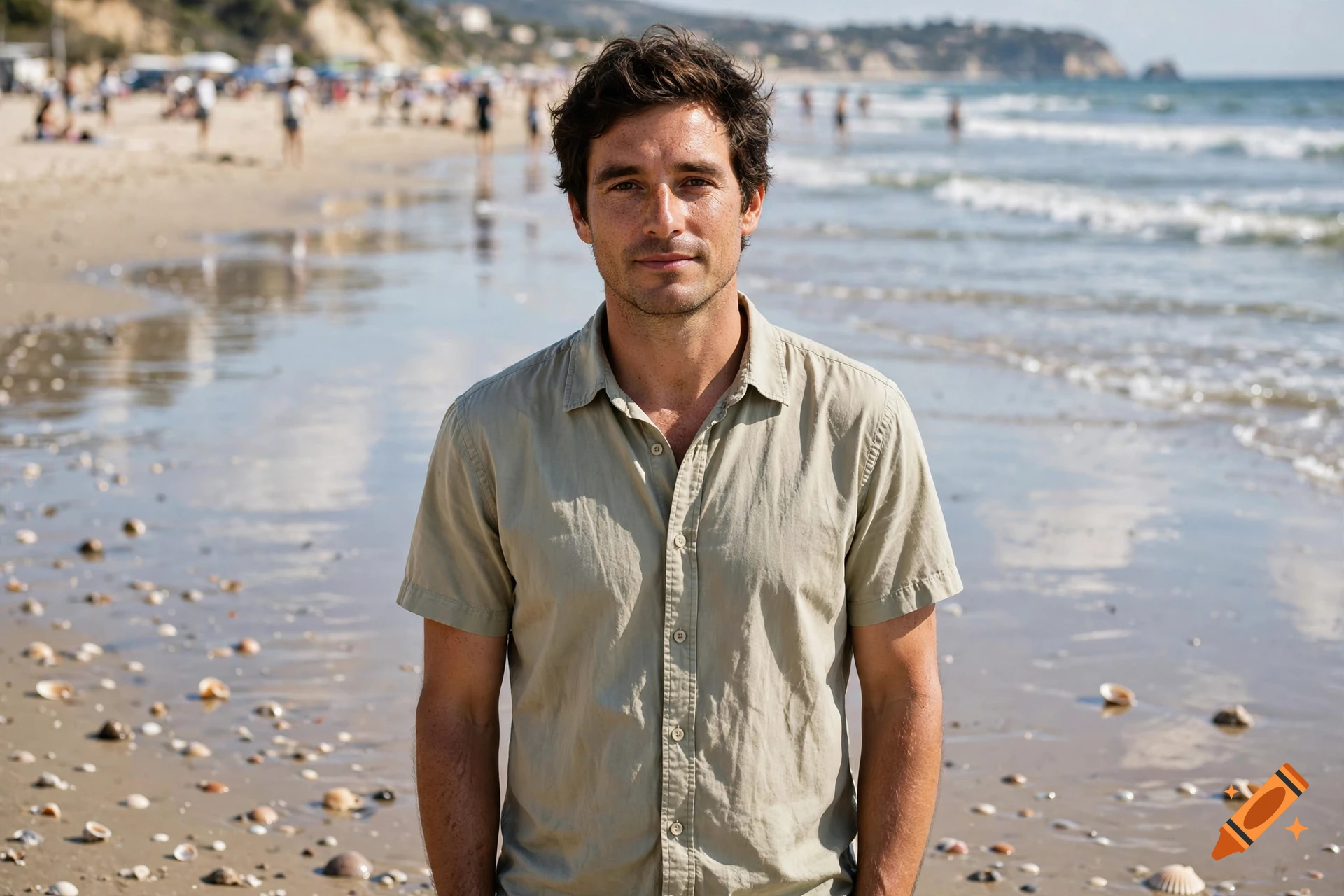 Photorealistic medium shot of a man with dark hair standing on a sandy beach with the ocean and distant people in the background.
