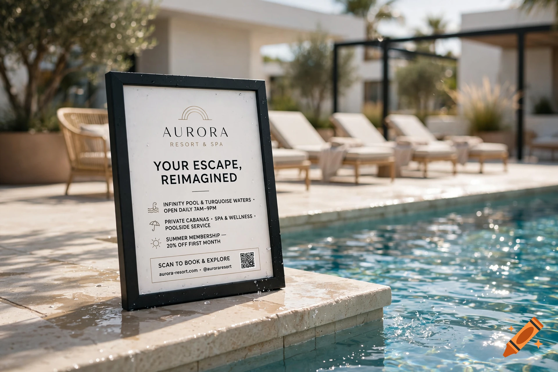A promotional sign for Aurora Resort & Spa placed on the edge of a swimming pool with lounge chairs in the background.