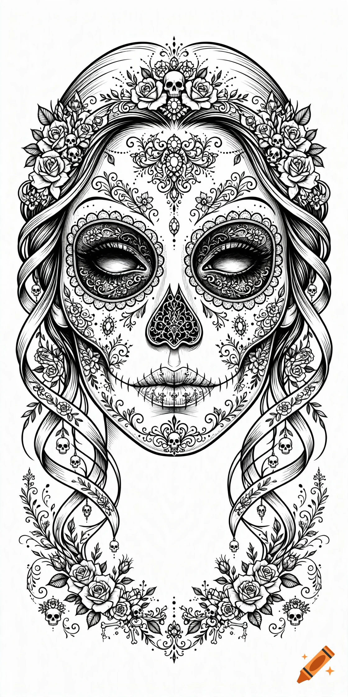 Black and white line art illustration of a woman with a sugar skull face paint, floral crown, and intricate decorative patterns.
