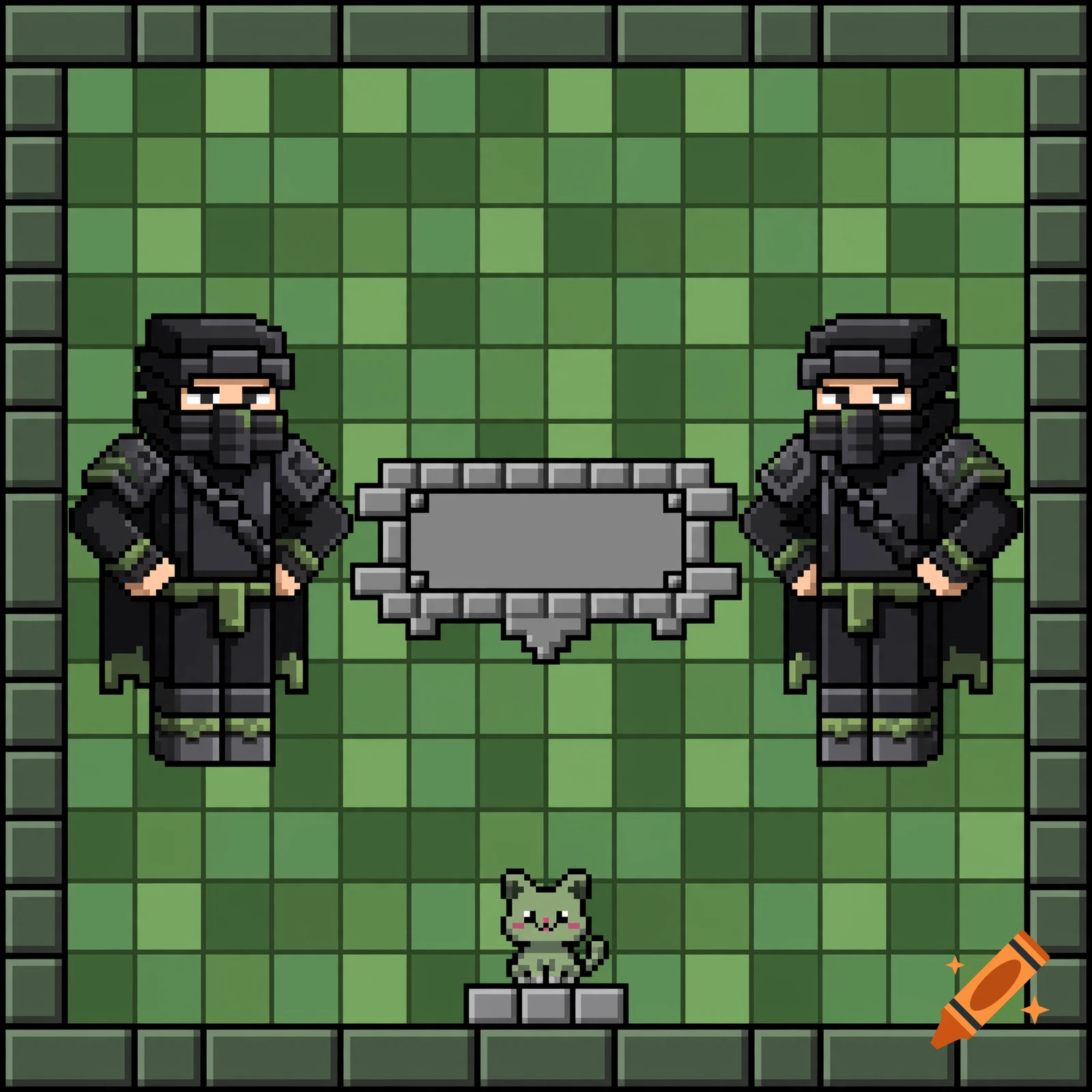 Minecraft-style pixel art trading card back design featuring two ninja characters, a blank banner, and a cat icon.