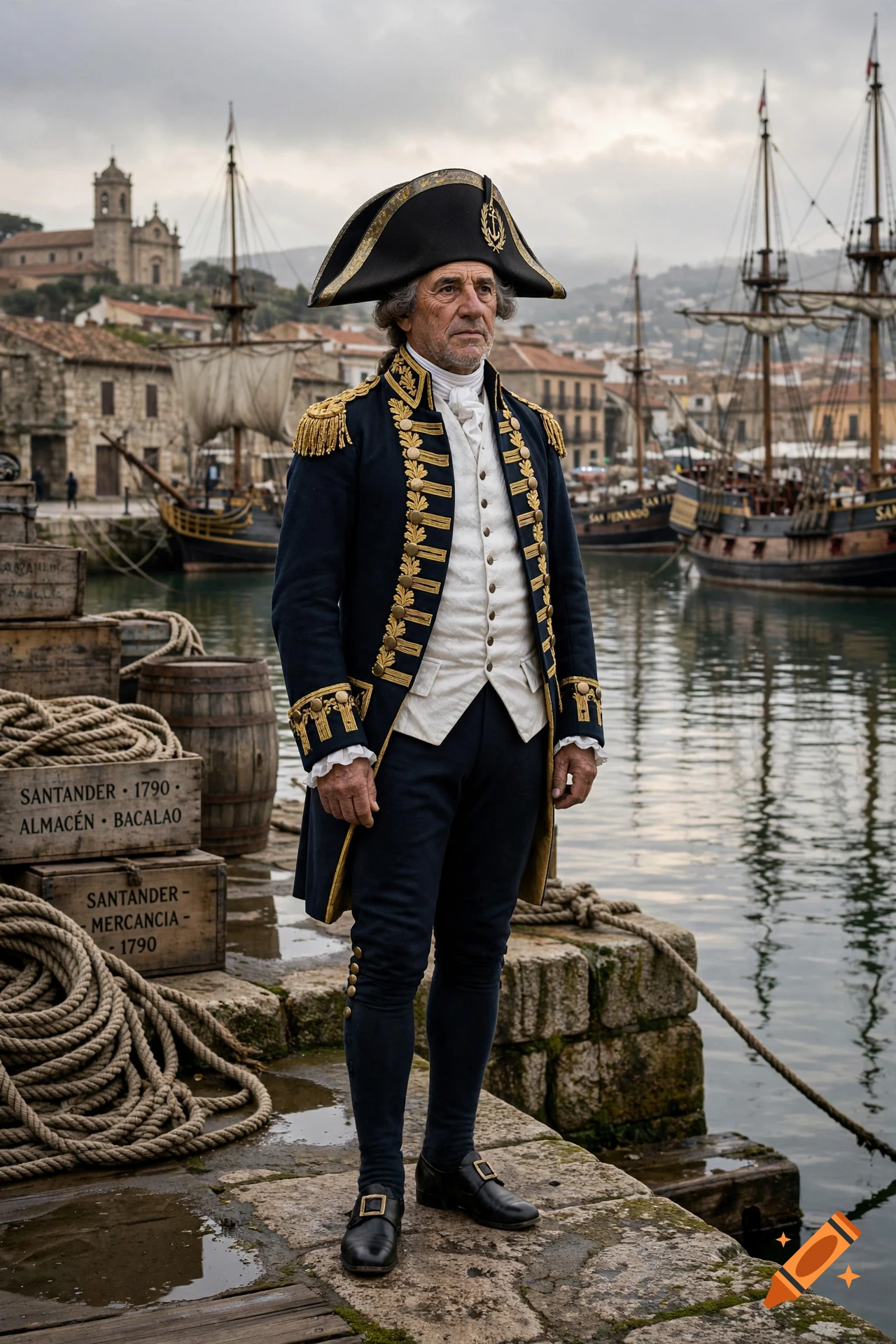 A man in a historical naval officer uniform, including a bicorne hat and coat with gold embroidery, stands on a stone dock next to harbor water and docked sailing ships.