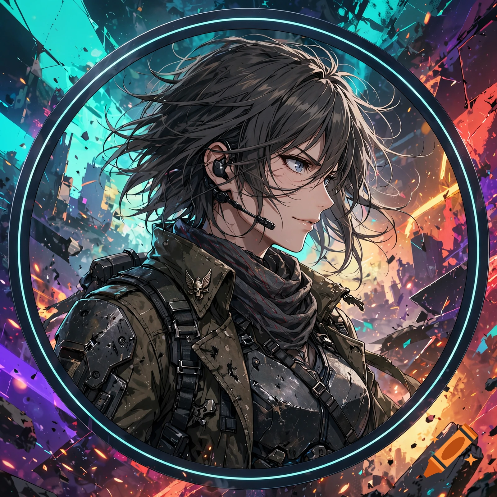 Portrait of an anime-style character with short dark hair, wearing a military-style jacket with armor and a headset, set against a futuristic, destruction-filled backdrop inside a circular frame.