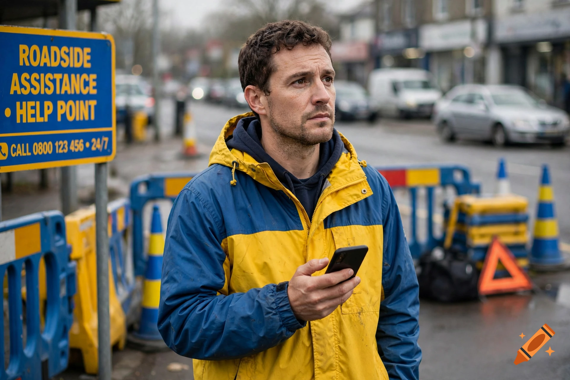 Photorealistic medium shot of a man wearing a blue and yellow jacket, holding a smartphone, standing near a roadside assistance sign.