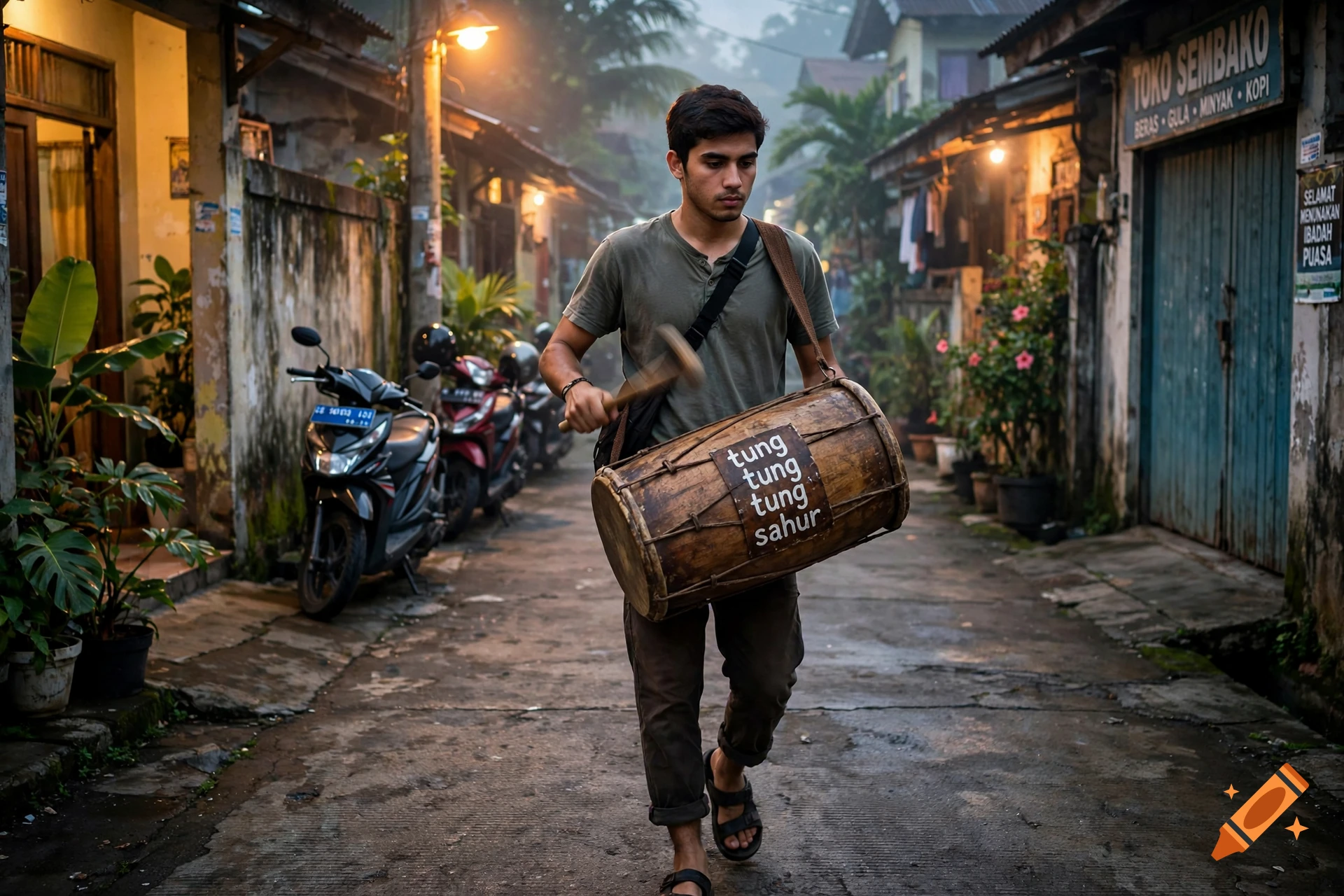 A young man walking down a narrow alley at dawn, carrying a large traditional drum with the text 'tung tung sahur'.