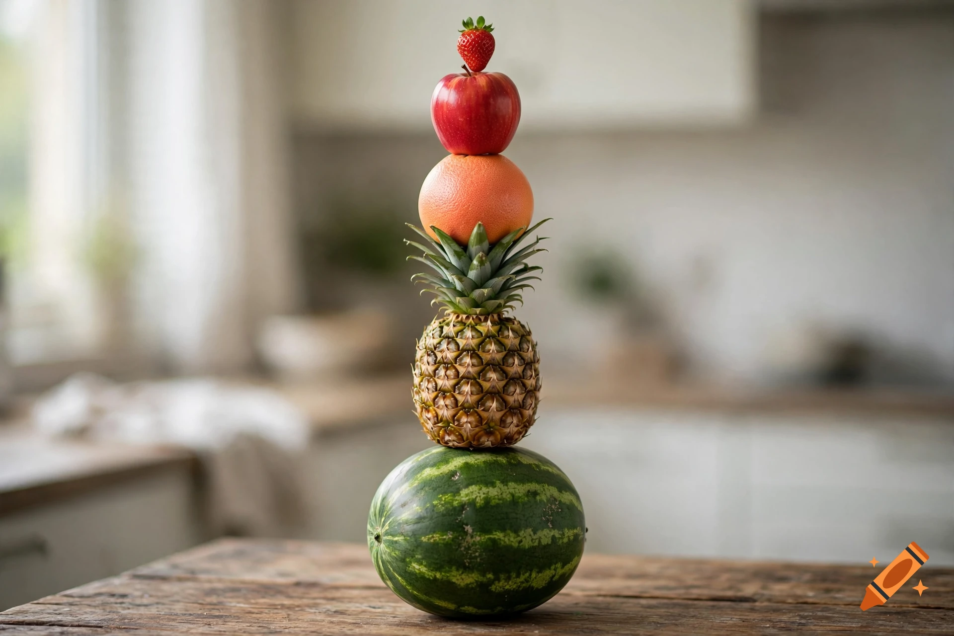 A balanced stack of various fresh fruits on a wooden table, ranging from a large watermelon at the bottom to a small strawberry at the top.