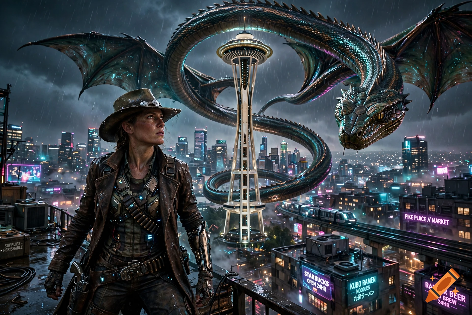 A futuristic cowboy standing on a rooftop in Seattle at night with a giant winged serpent flying above the Space Needle.