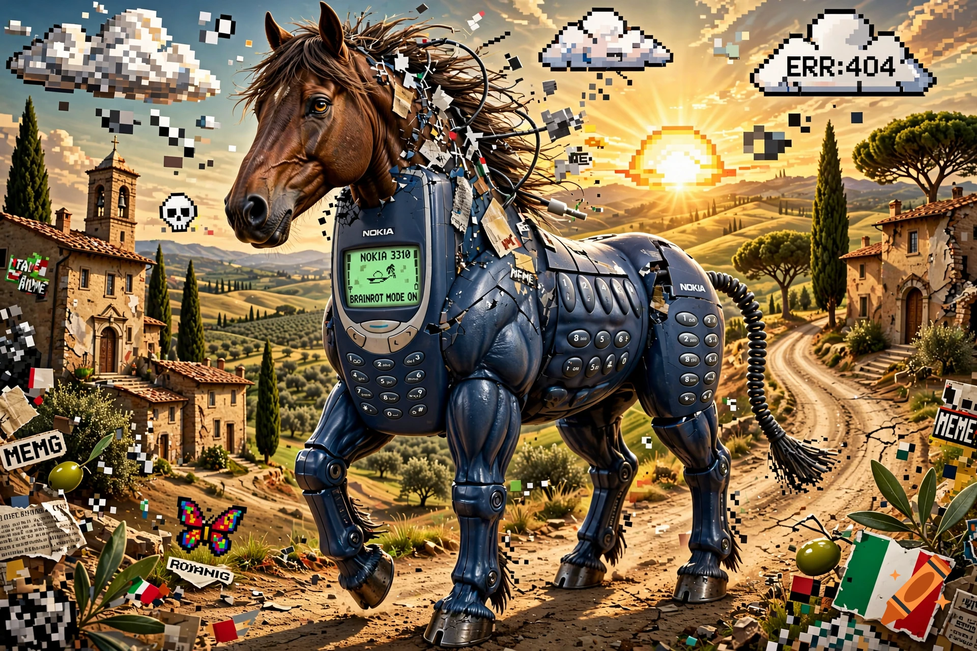 A surreal digital collage of a horse with a Nokia 3310 phone body in an Italian countryside landscape.