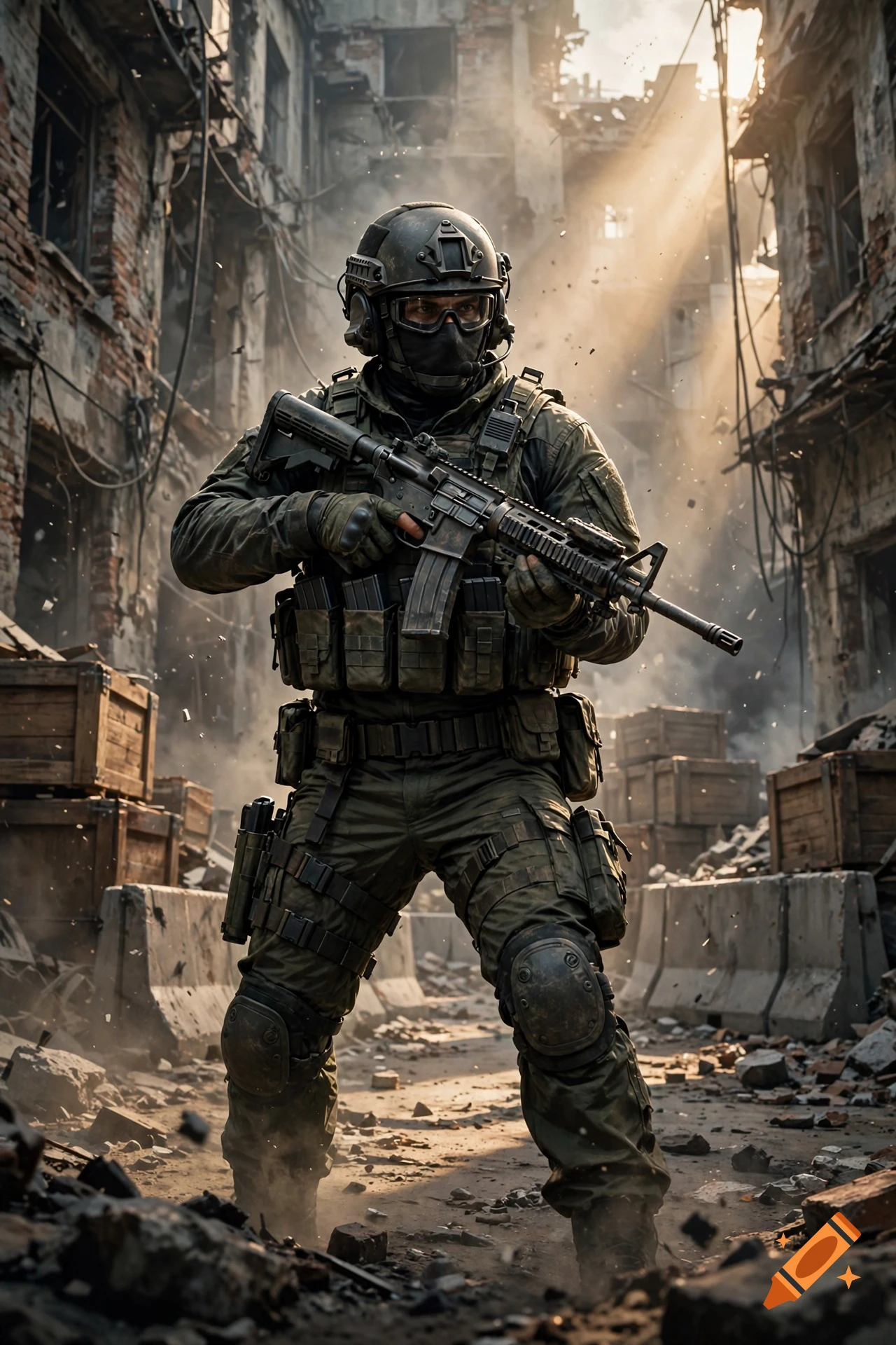 Photorealistic image of a heavily armed soldier in tactical gear standing in a war-torn, ruined urban street.