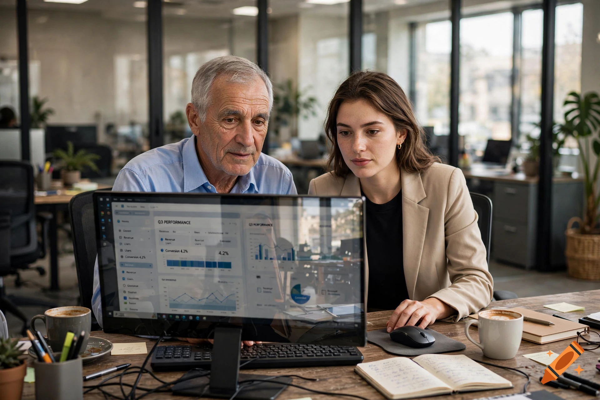 An older man and a young woman working together at a computer in a modern office, photorealistic.