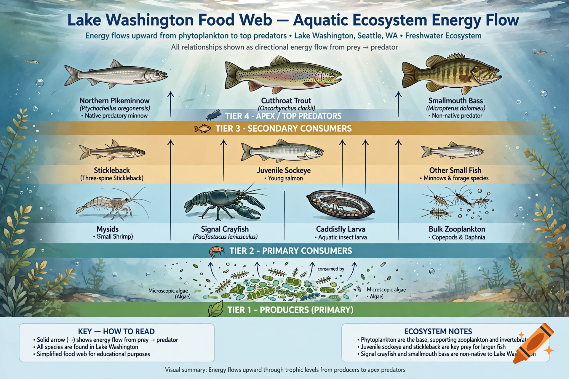 Educational infographic illustrating the Lake Washington food web and aquatic ecosystem energy flow.