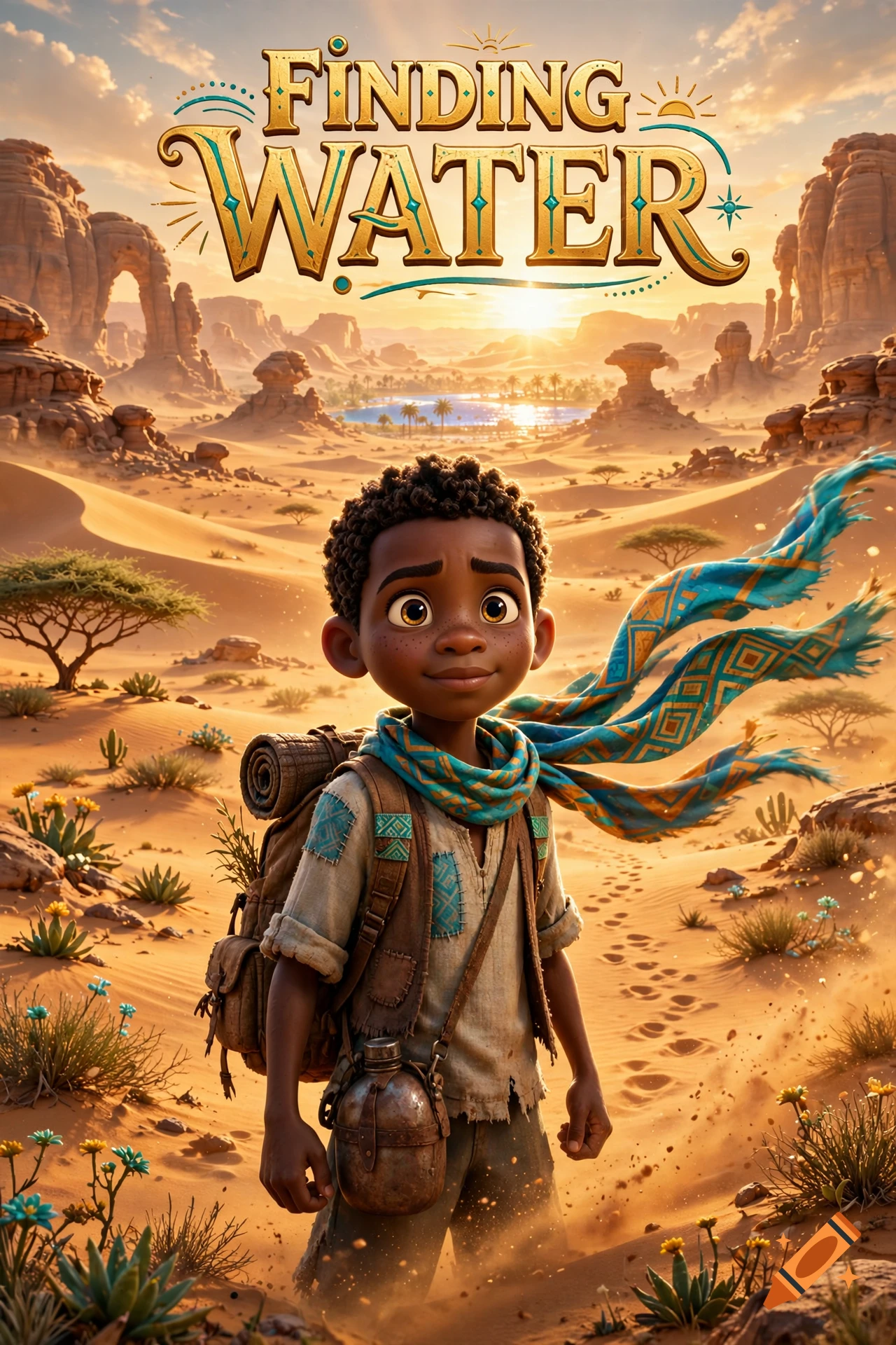 Animated movie poster featuring a young African boy with a backpack and scarf traveling through a desert, with title Finding Water.