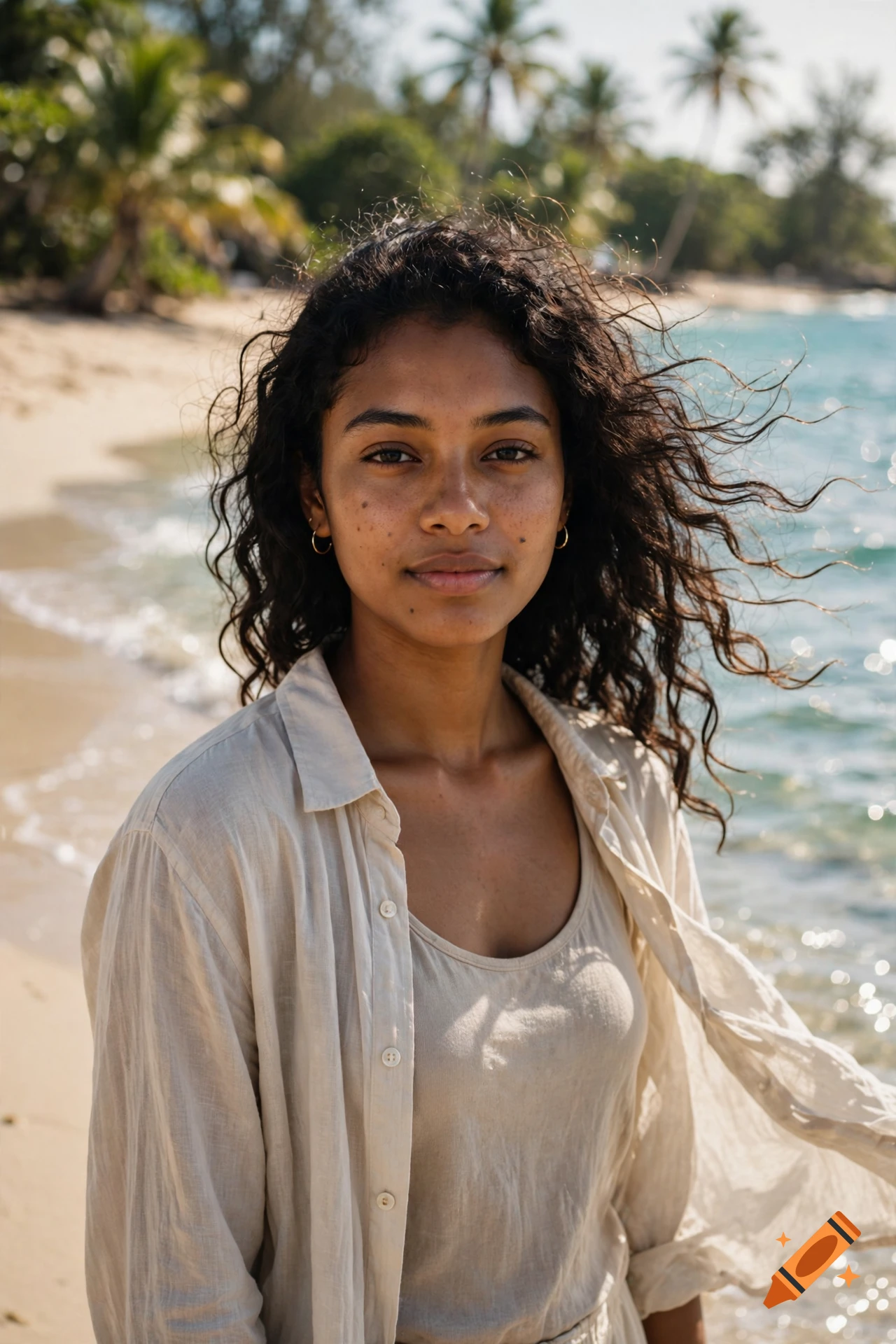 Photorealistic portrait of a young woman with dark curly hair on a sunny beach.