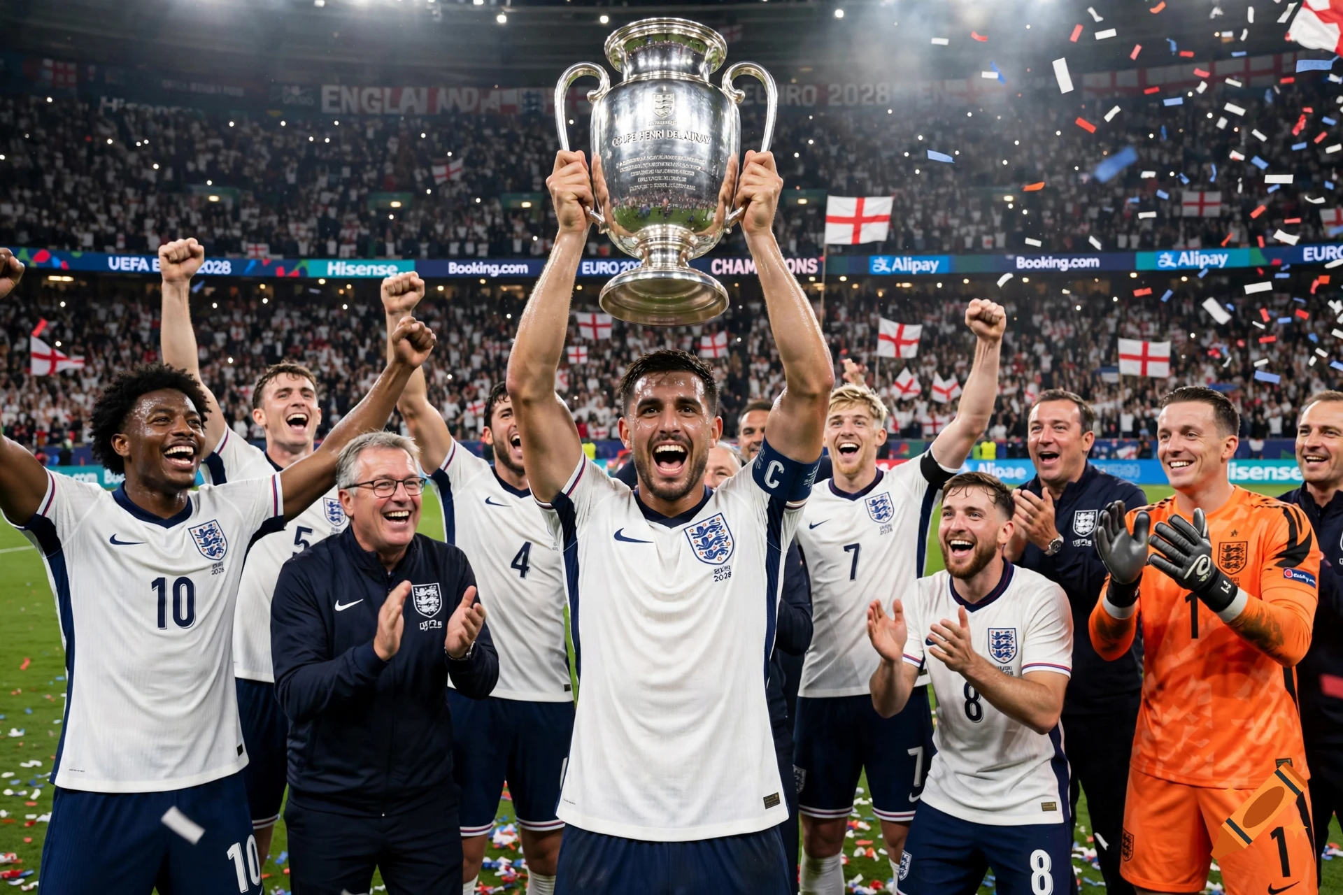 England national football team players celebrating while holding a trophy in a crowded stadium, photorealistic.