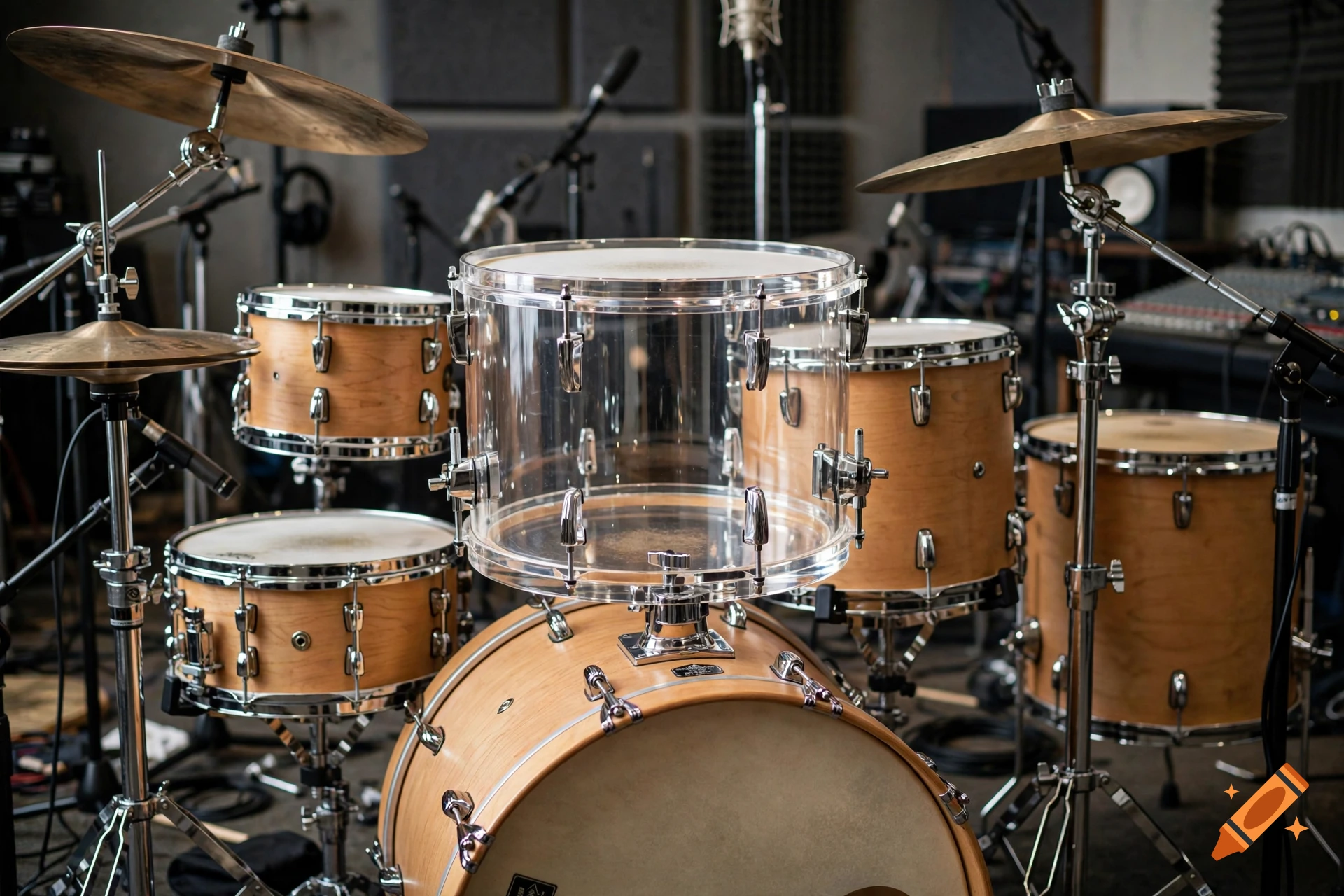 Photorealistic image of a complete acoustic drum set in a recording studio with a transparent acrylic rack tom.