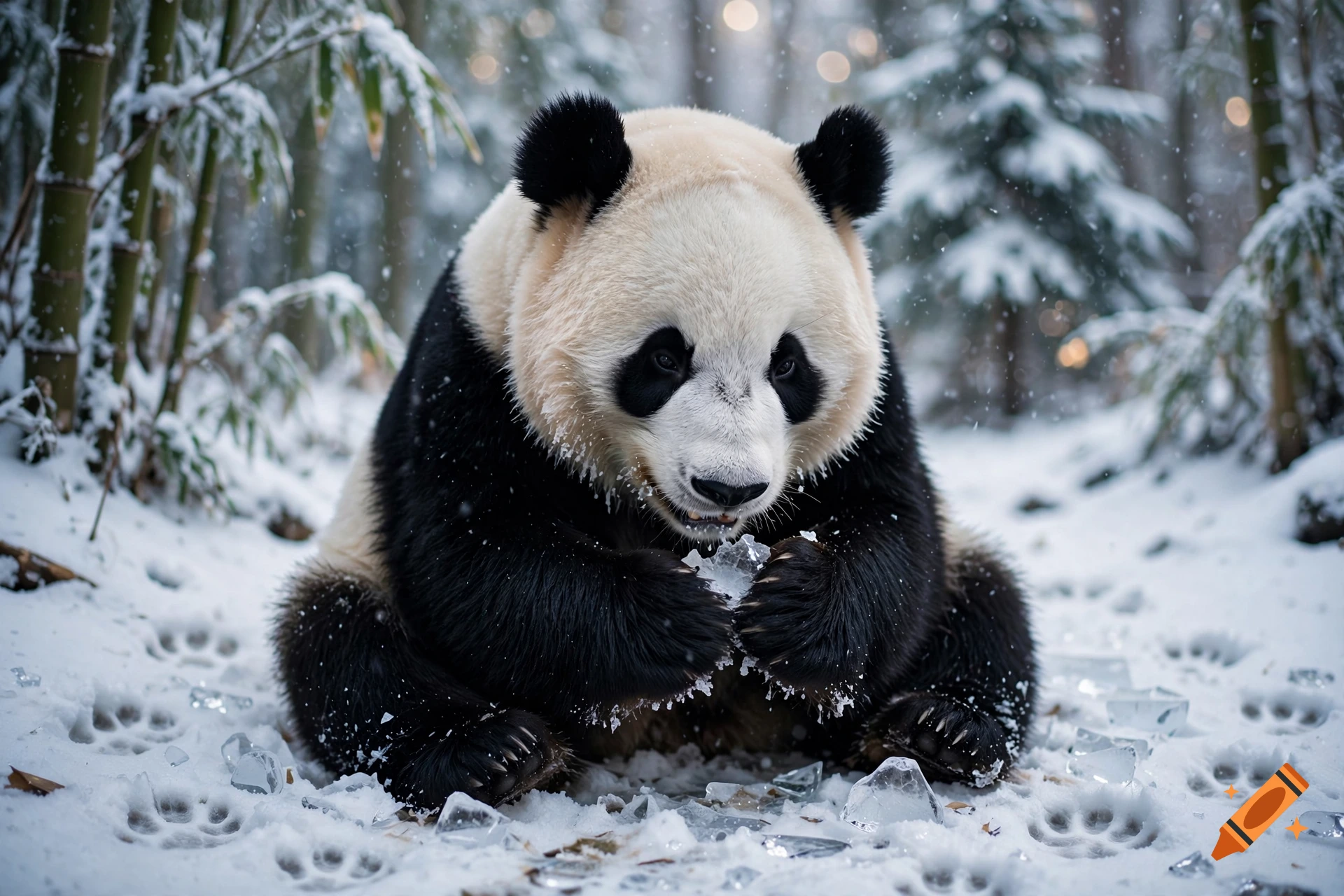 Photorealistic image of a panda sitting in the snow in a forest, eating ice.