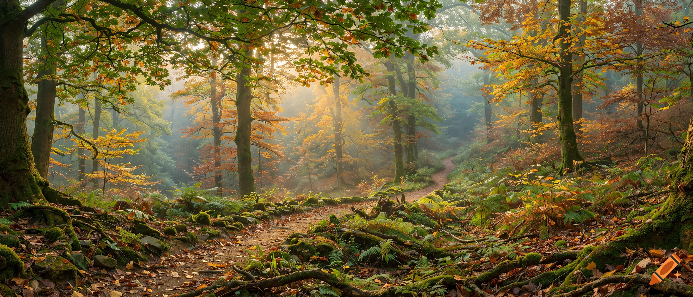 A winding dirt path travels through a lush autumn forest with sunlight filtering through the canopy, illuminating trees with orange and green leaves.