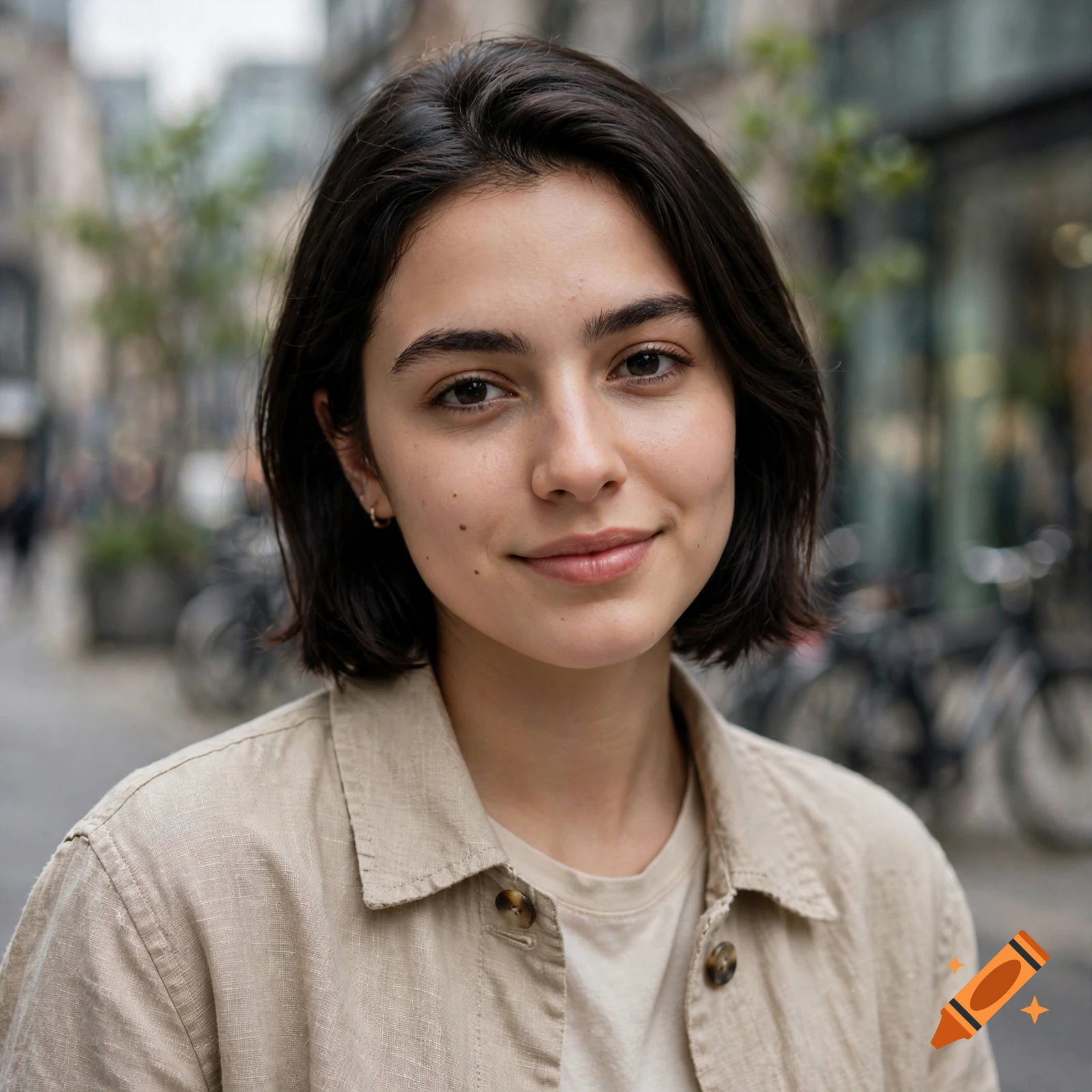 Close-up portrait of a smiling young woman with short dark hair and a beige button-down shirt, outdoors in a city setting.