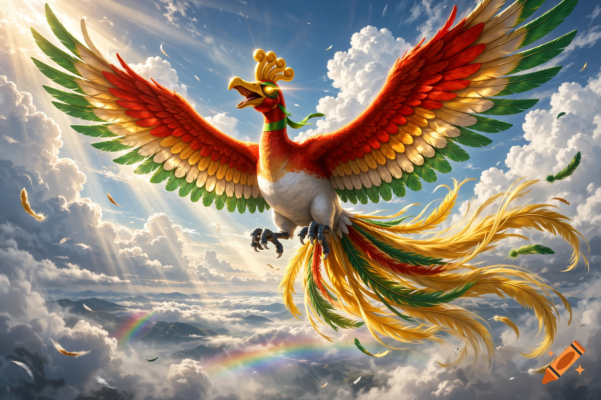 A majestic mythical bird with red, orange, green, and yellow feathers soars through a cloudy sky with sunbeams and a rainbow below.