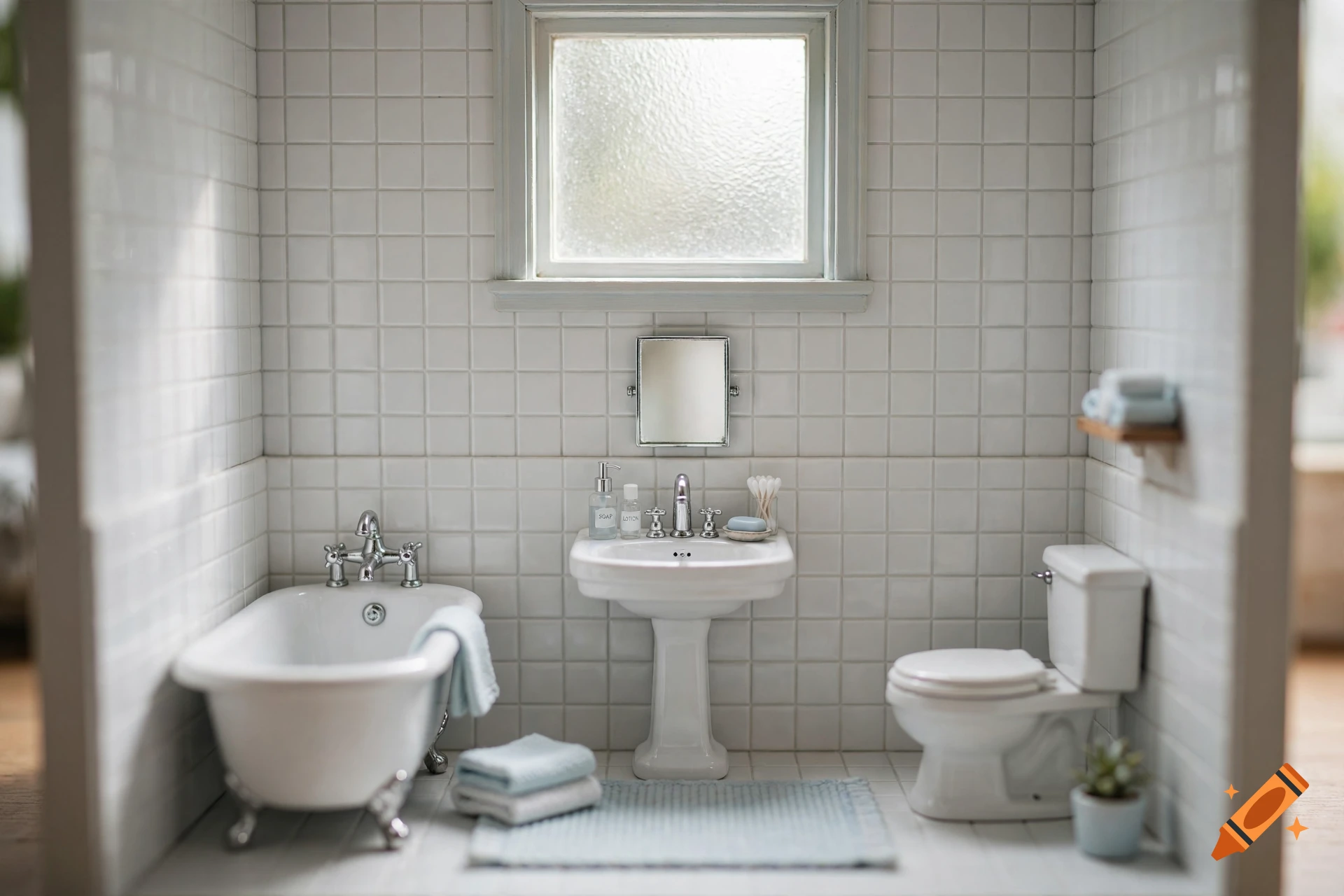Miniature dollhouse bathroom with white tiled walls, a vintage bathtub, pedestal sink, and toilet.