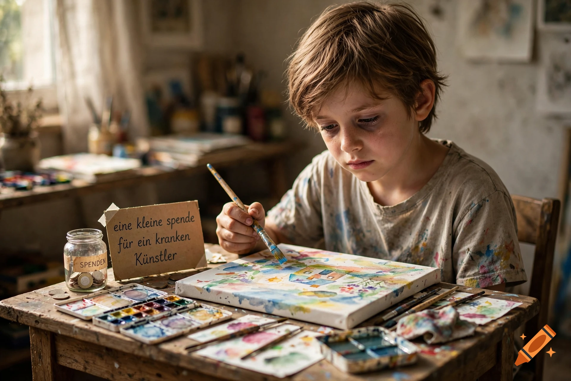 A young boy with messy hair painting a watercolor canvas at a wooden desk filled with art supplies and a donation jar.