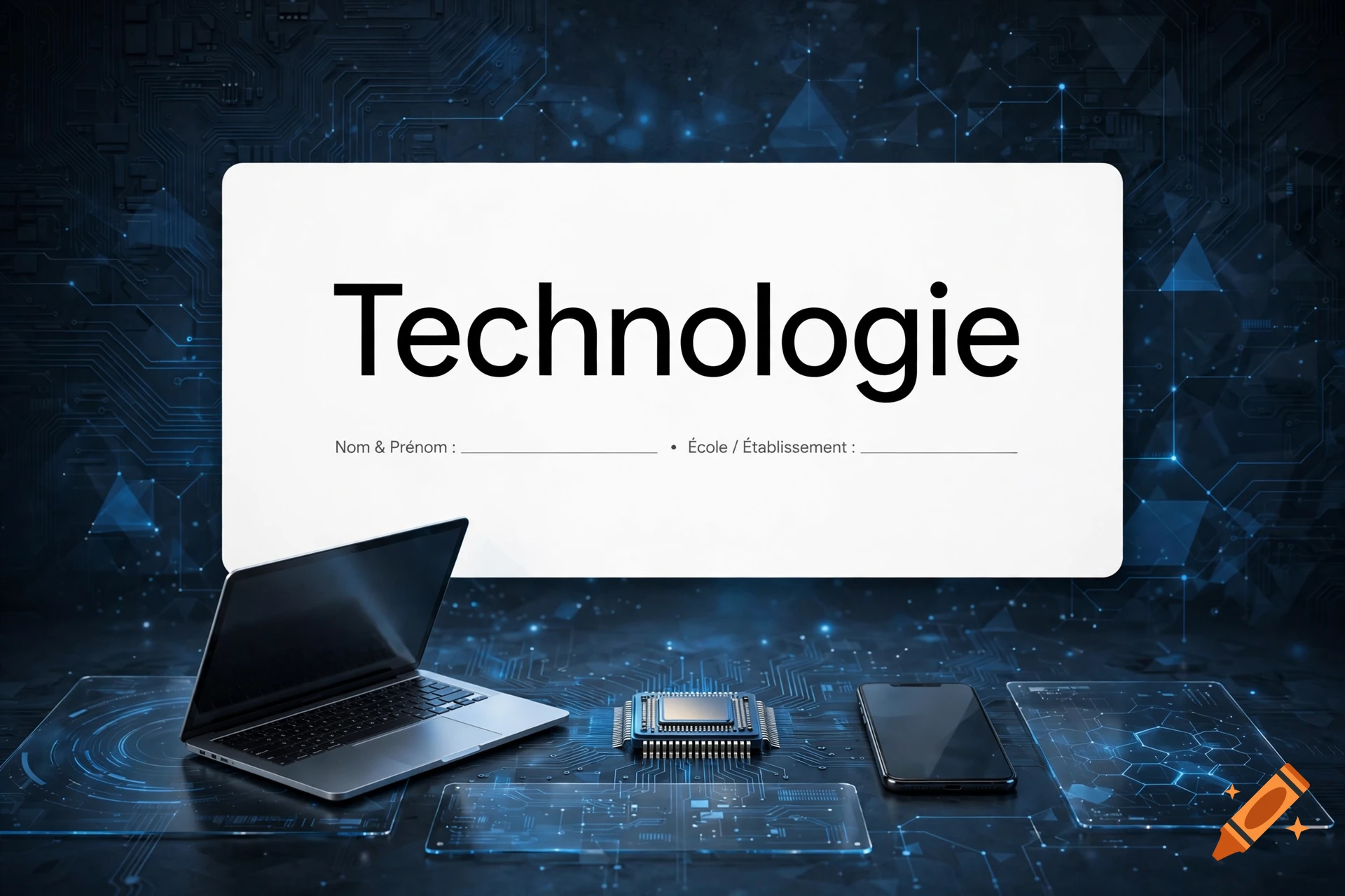 Cover page for technology with French text, a laptop, a processor, a phone, and digital circuit board background.
