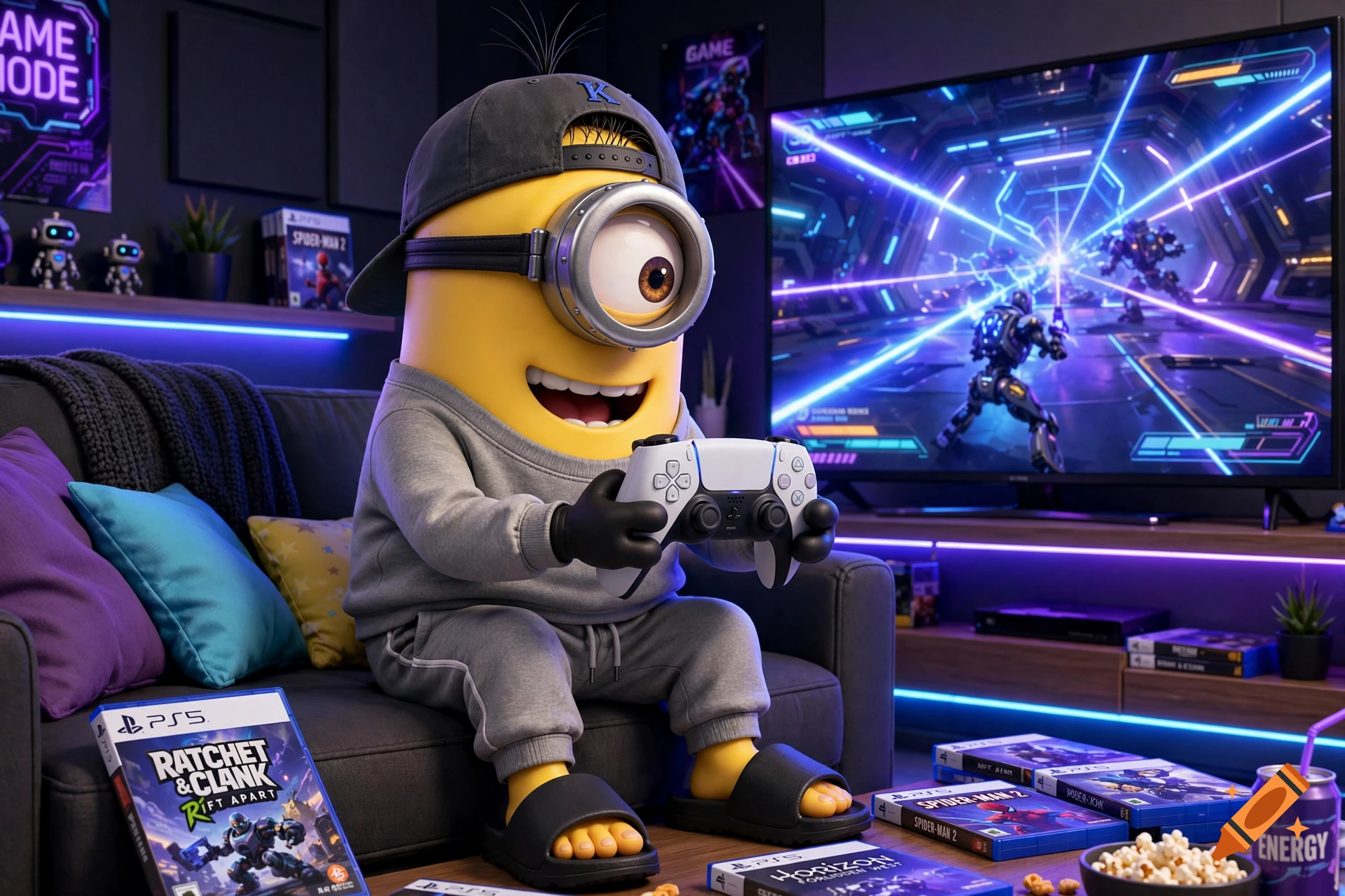 3D render of a Minion wearing a cap, hoodie, and slides while playing PlayStation on a couch in a gaming room.
