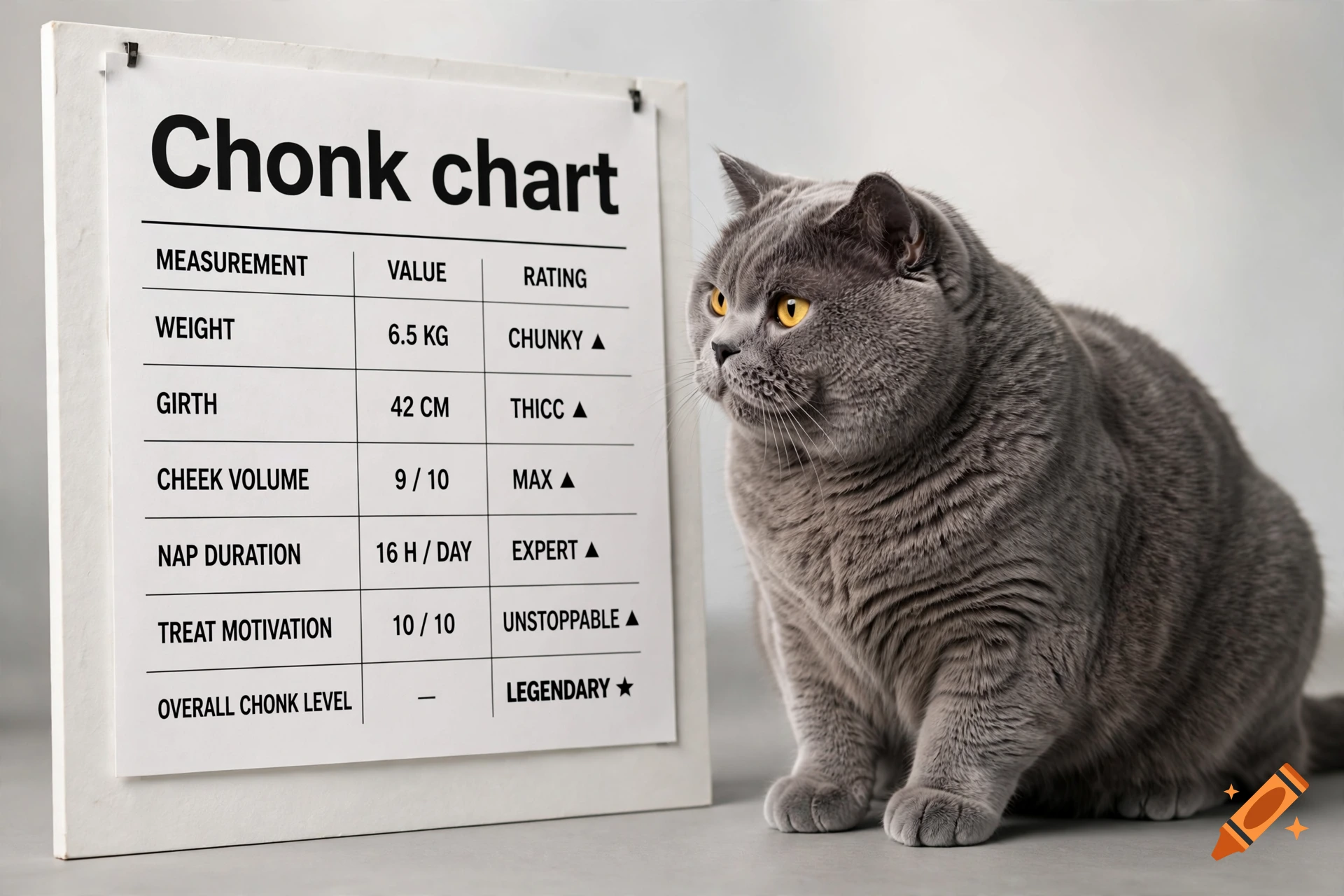 Photorealistic image of a very fat gray British Shorthair cat sitting next to a comedic chonk chart listing weight, girth, and ratings.