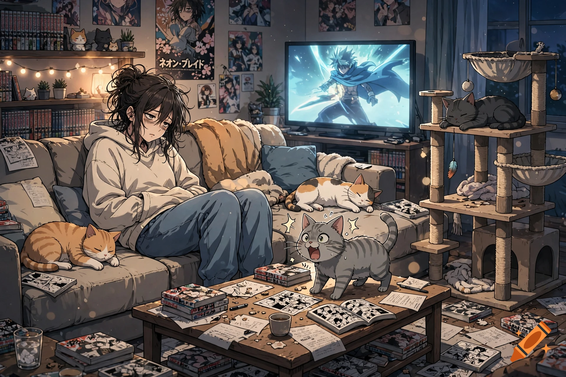 An anime-style illustration of an exhausted woman sitting on a couch in a messy room surrounded by manga, with cats resting nearby and one crying on the table.