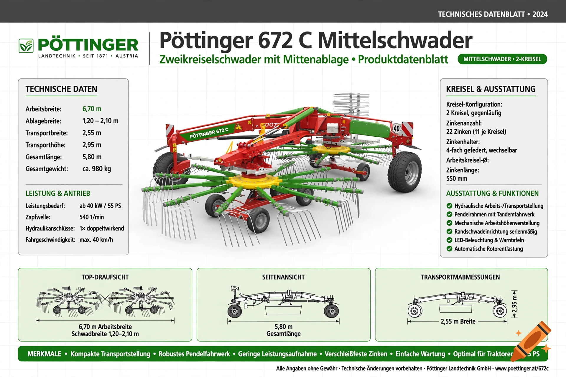 Technical datasheet and product specifications for a Pöttinger 672 C twin-rotor rake with technical drawings and diagrams.
