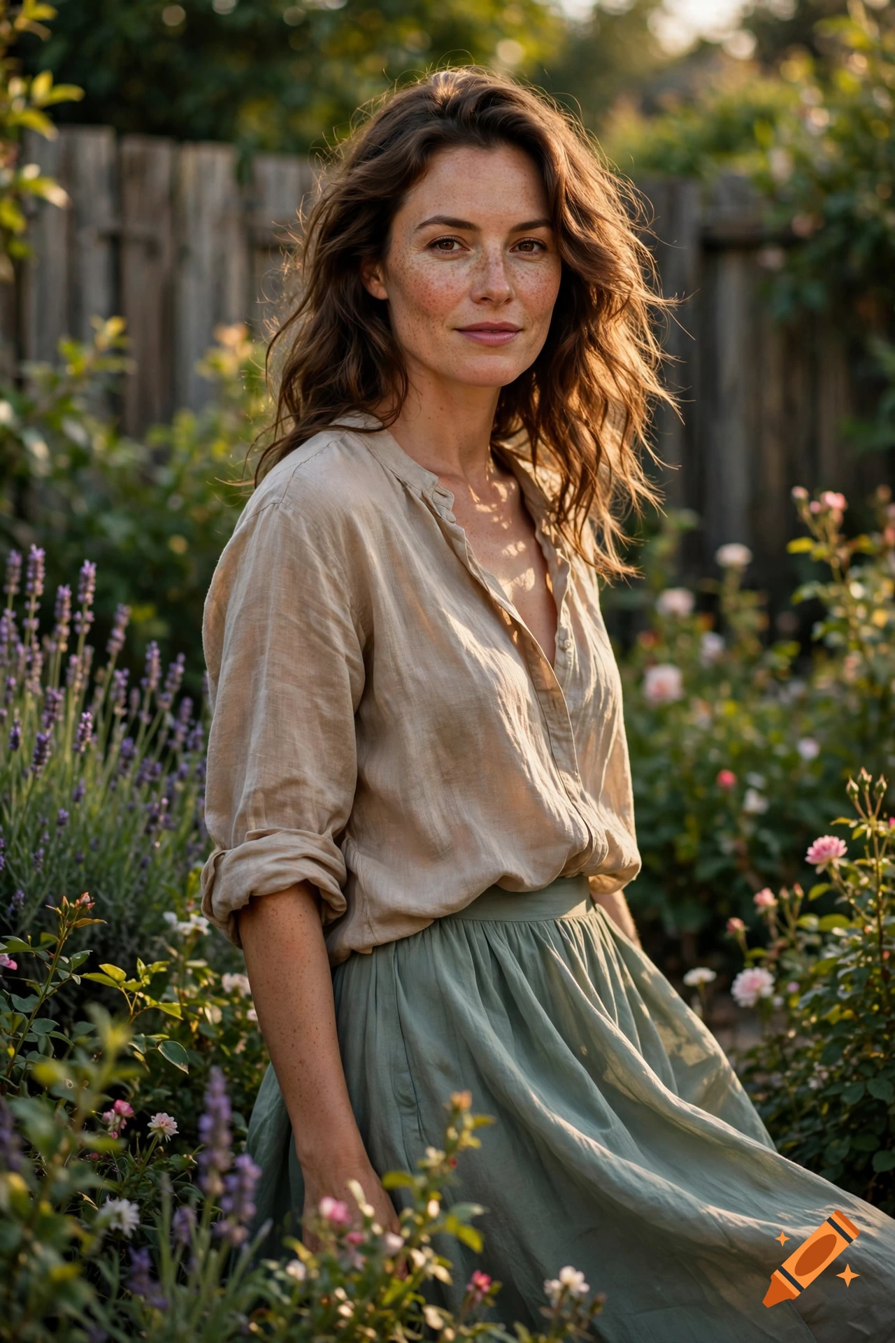 Photorealistic portrait of a smiling woman with freckles and brown hair standing in a sunlit garden.