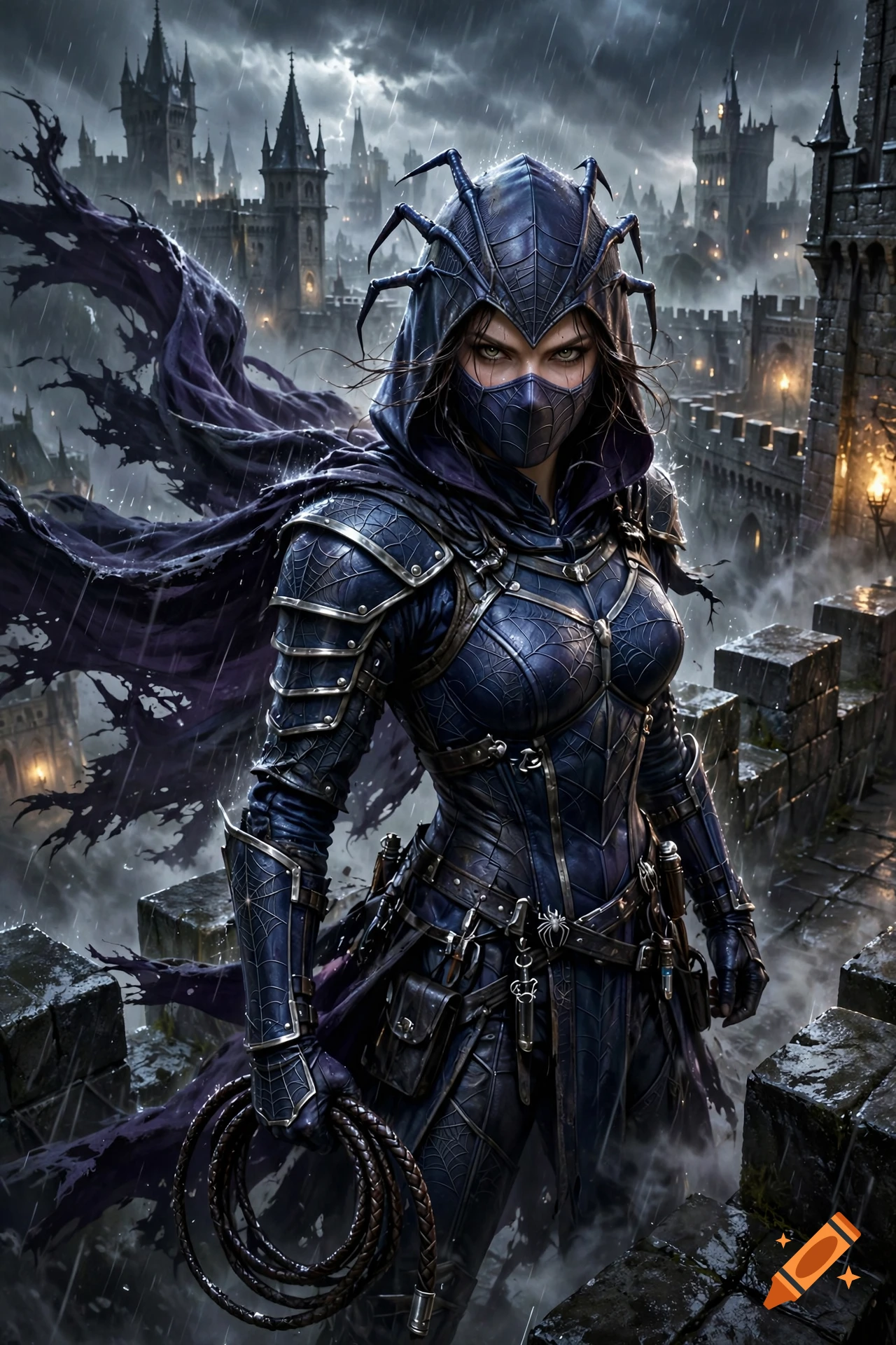 A dark fantasy female rogue in blue spider-themed leather armor and hood, holding a whip atop a castle wall during a rainstorm.