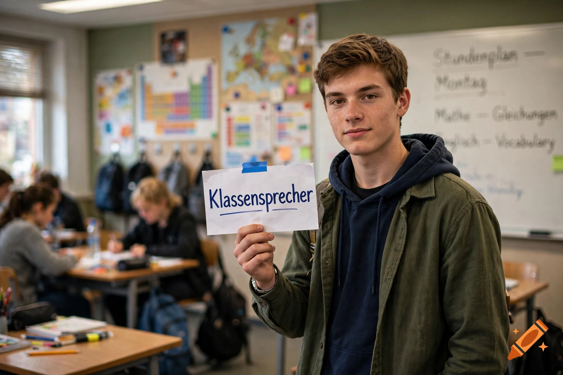 Photorealistic image of a teenage boy holding a paper sign that says Klassensprecher in a classroom.