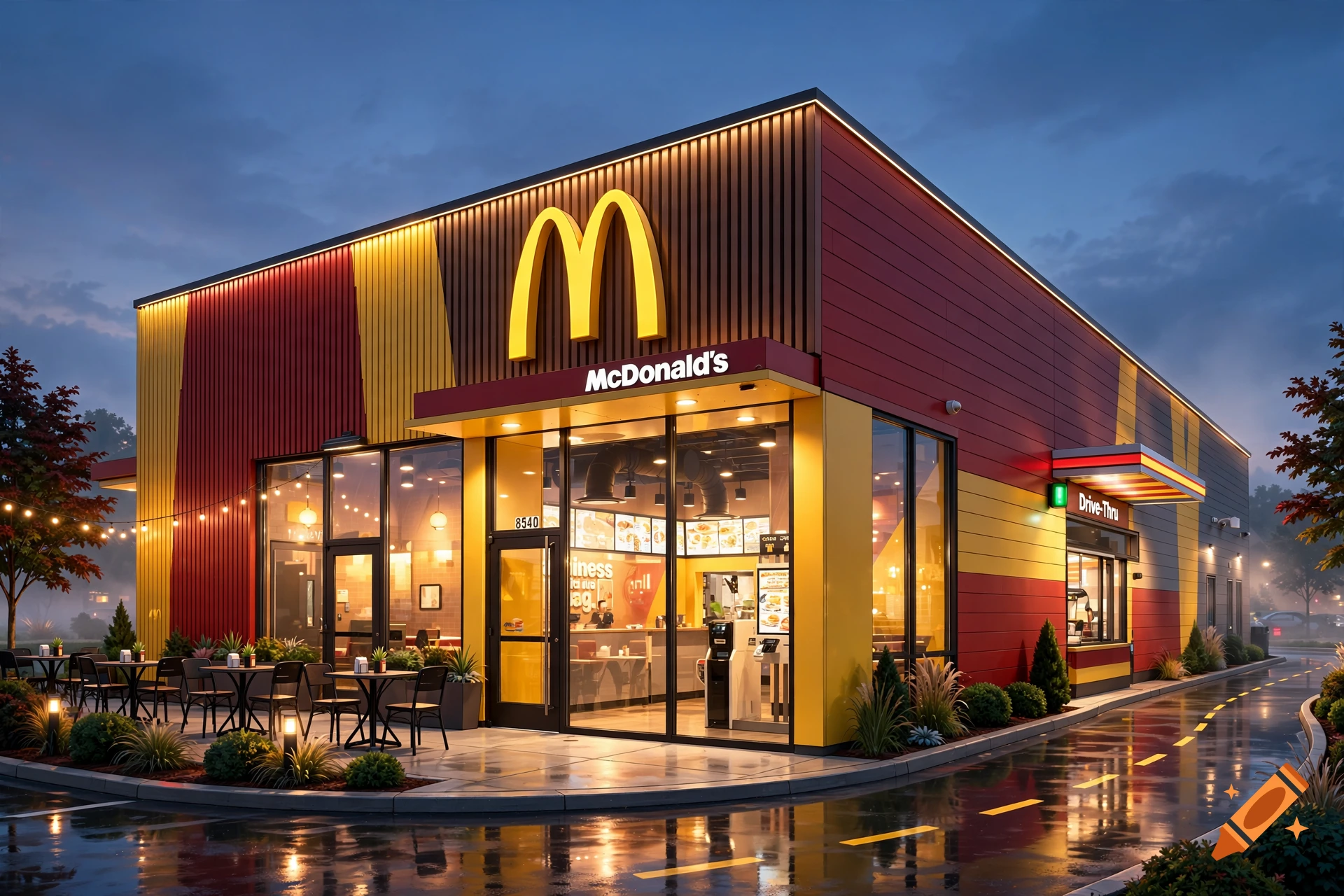 Photorealistic evening view of a modern McDonald's restaurant with glowing lights and wet pavement reflecting the lights.