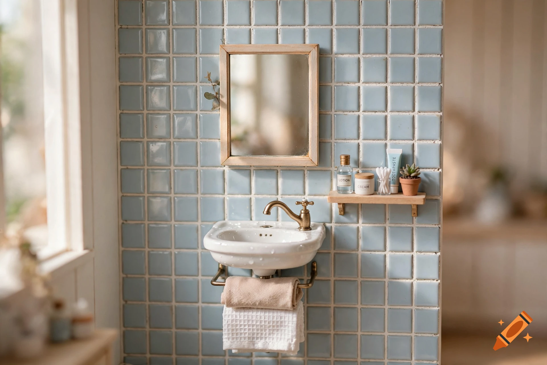 Miniature blue tiled dollhouse bathroom with a small white sink, wooden mirror, and miniature toiletries on a shelf.
