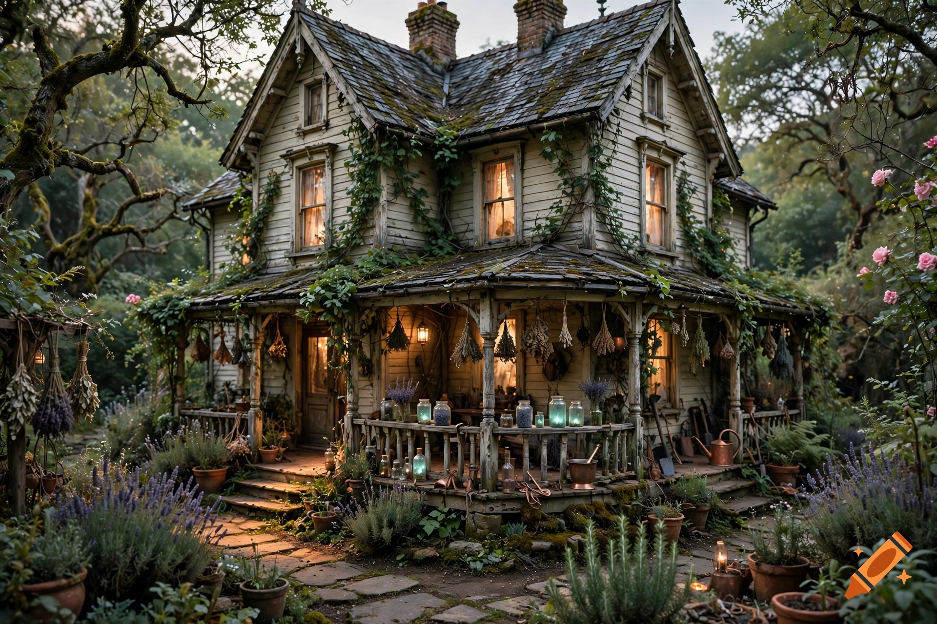 Photorealistic two-story wooden house surrounded by lush greenery, potted plants, and glowing lanterns in a rustic garden setting.